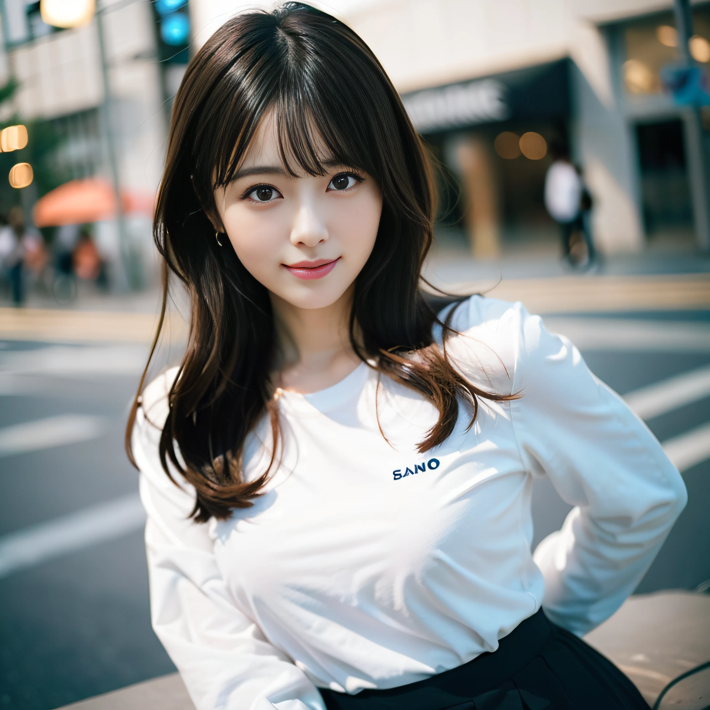 Beautiful black eyes、dual、natural skin textures:1.8, realistic eyes and face details:1.7、middlebreasts、in 8K,Best Quality:1.4, 超A high resolution:1.5, (Photorealistic:1.4),​masterpiece:1.2,(top-quality:1.4)、 Raw photo、 (the background is blurred), 1日本人の女の子, Cute, FULL BODYSHOT:1.6、From the knee up、beauty legs、tight skirts、(Solo:1.4), (Shy smile), Smooth skin、 (Brown medium hair,Bangs),nogizaka,Beautiful body,  Navy Business Suit,Office, Secretary, White T-shirt, ID Card Holder, ID Badge Holder,Station platform