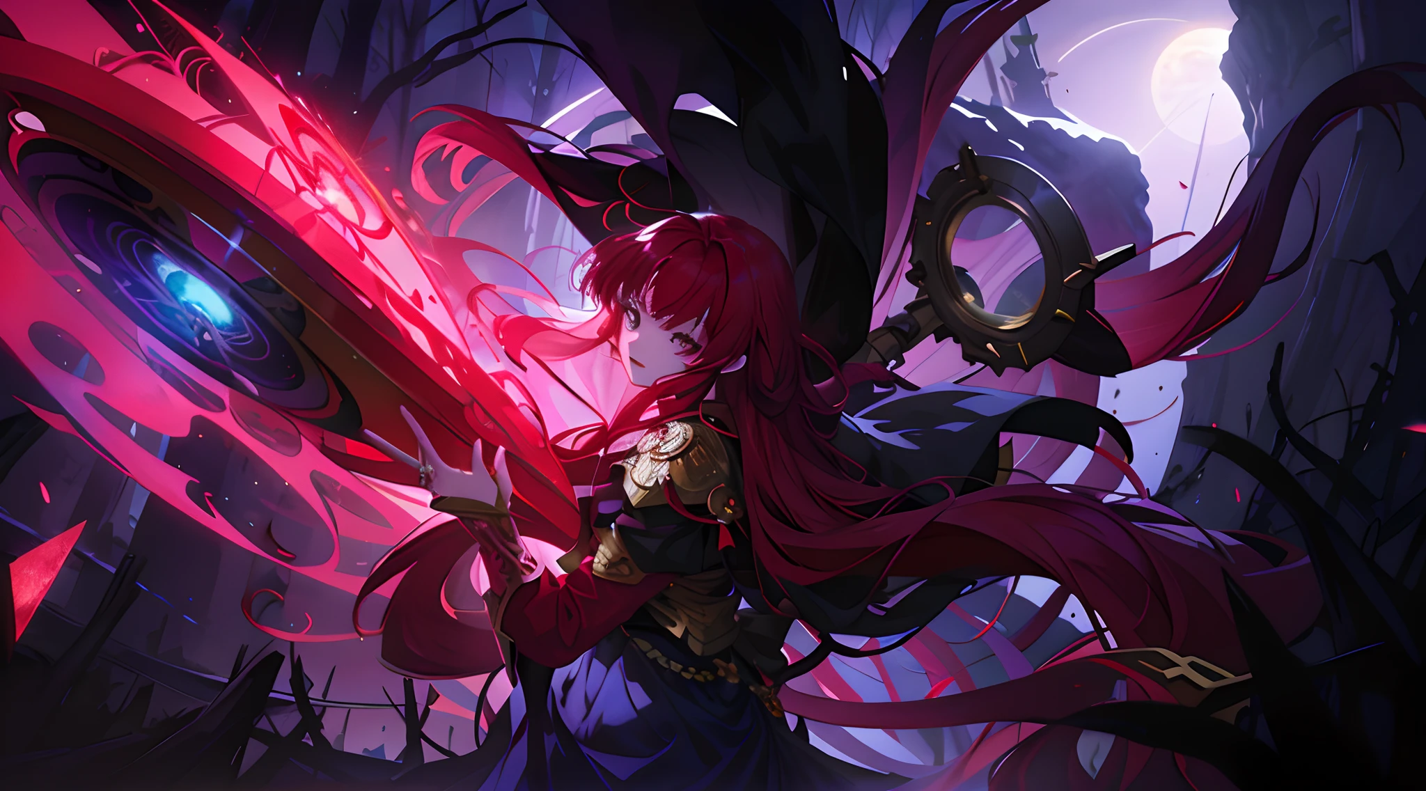 fanciful，Epic，Illustration in movie poster style，A young and cute girl，red long curly hair，red color eyes，Control metal rings，With dynamic and magical backgrounds，Features prominent and well-designed typographic elements，standing on your feet，self-assured，Steadfast，Rotating sharp metal ring，ln the forest，the night
