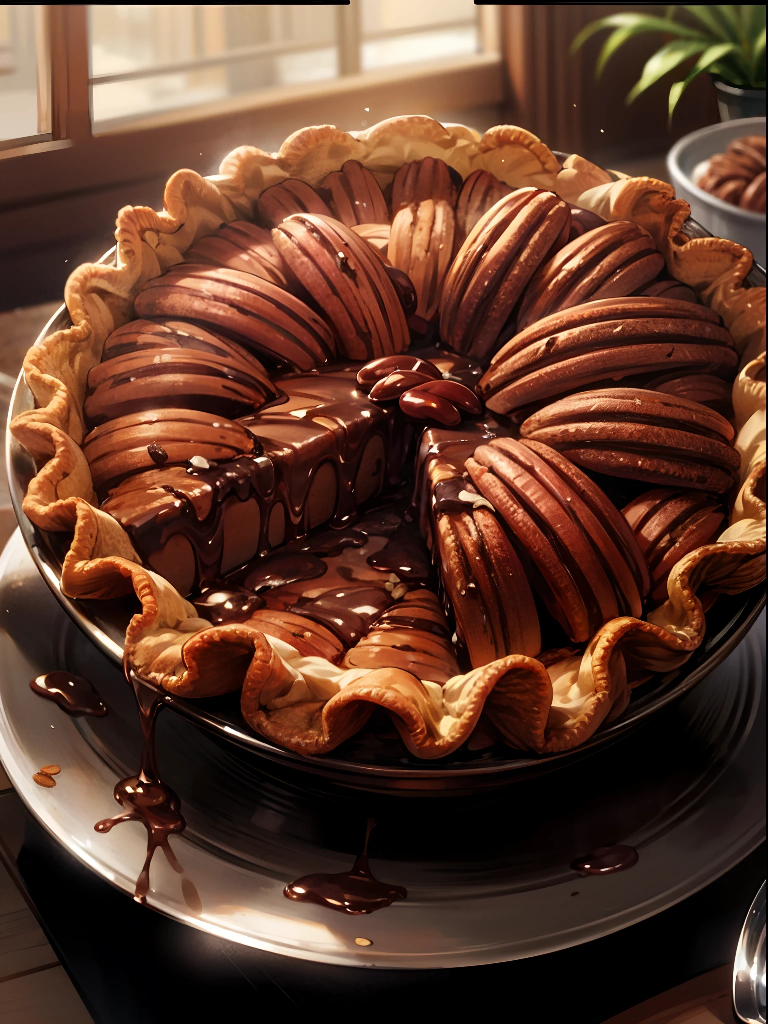 Beautiful pecan chocolate pie, serving in a beautiful silver tray, with a fork, whole pie one slice is beside the place,small white