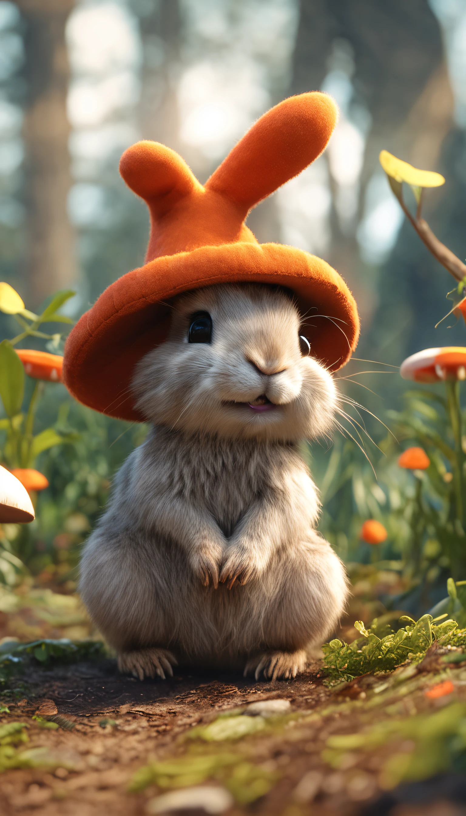 adorable creature，Similar to a mixture of rabbit and carrot, Adorable, Cute, Furry, Fluffy, forest, Mushrooms, Wear a mushroom hat