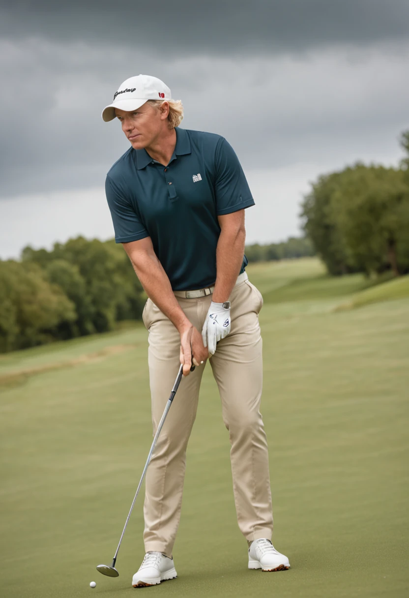 detailed photo, wide-angle shot from behind of a male golfer with blonde hair walking down a fairway wearing golf clothes, he is holding one golf club in his right hand, the sky has rain clouds, lifelike image