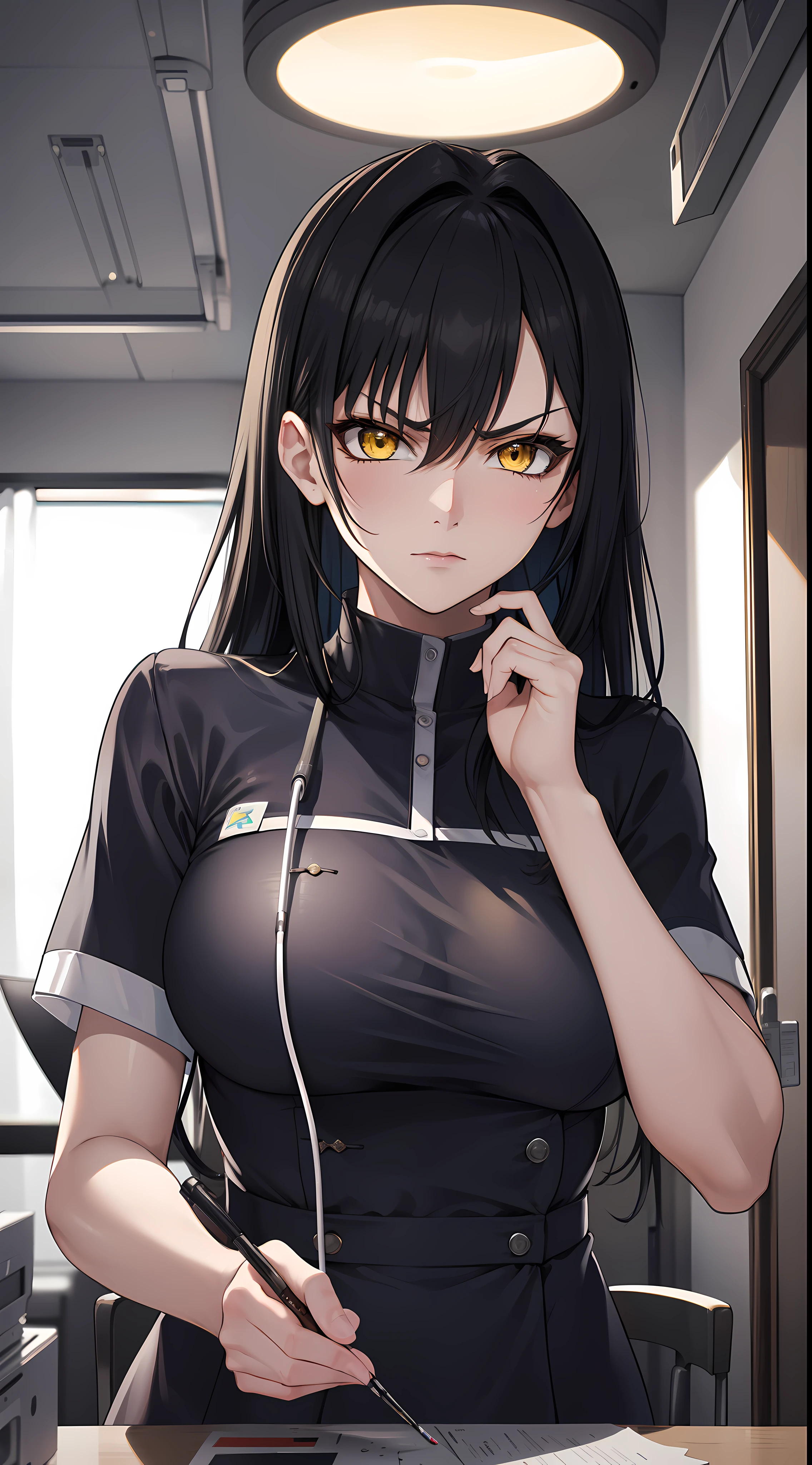 professional artwork, Intricate Details, field of view, sharp focus, detailed painting, photorealistic lighting, trending on pixiv,(masterpiece:1.0),(best_quality:1.0), ultra high res, ultra-detailed, photography, 8K, HDR, highres, absurdres:1.2, Kodak portra 400, film grain, sharp focus, bokeh:1.2, lens flare, (vibrant_color:1.2), (((indoors, dark night district))), Annerose, 1girl, female mature, ((long hair, black hair:1.4)), (yellow eyes), large breasts, ((white nurse outfit:1.4)), soft skin, hair intakes, (solo:1.4), (upper body, half body shot, covered breasts, side boobs), seductive, shiny clothes