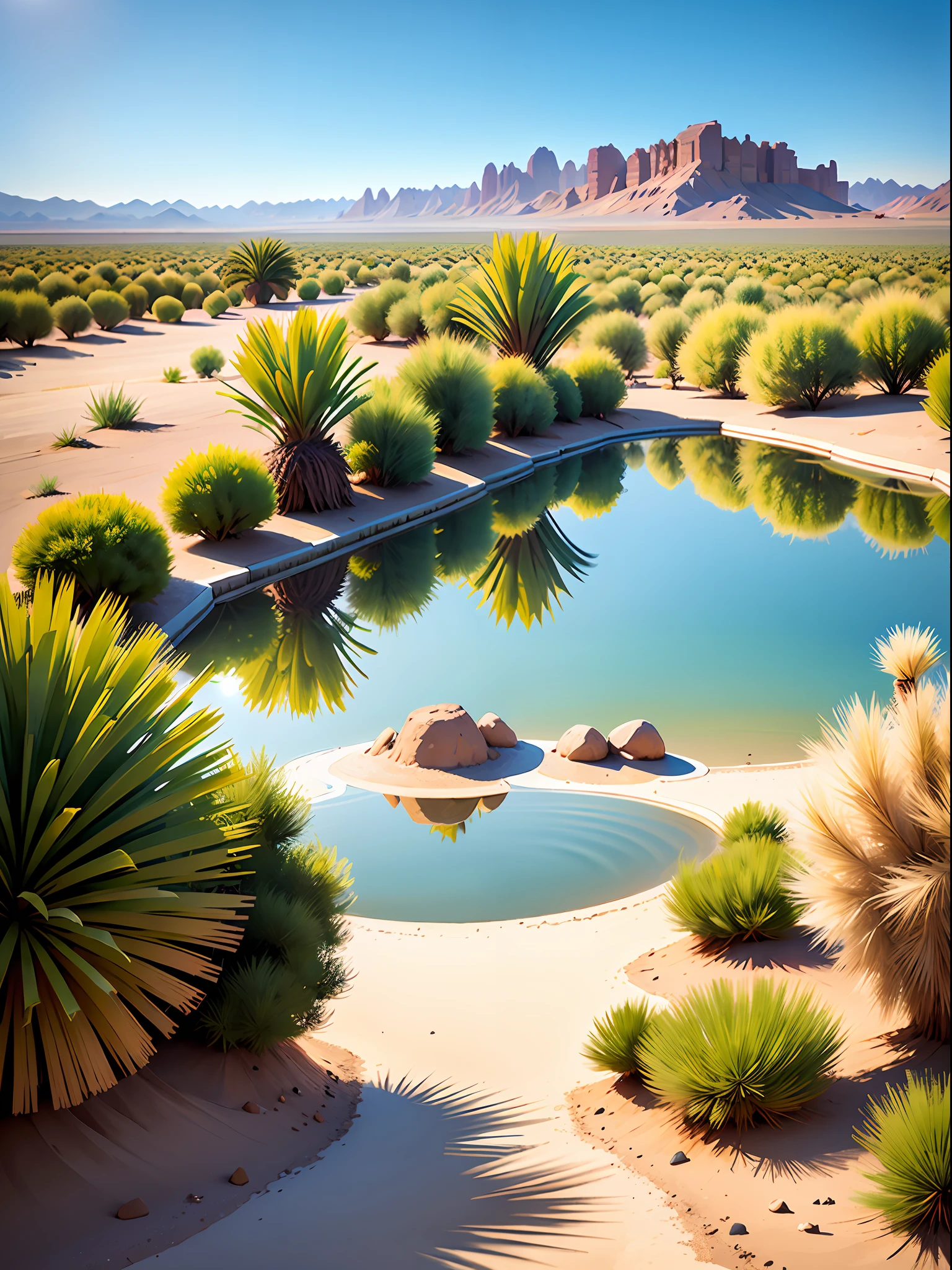 The desert is absolutely desperately hot，The sky is shining with hot sunlight。There is an oasis in the distance，The lake reflects an alluring light。grassy fields，The trees and the desert look out of place，Soak up the calm atmosphere，Make people run impulsively to drink，Cool the heat on the body