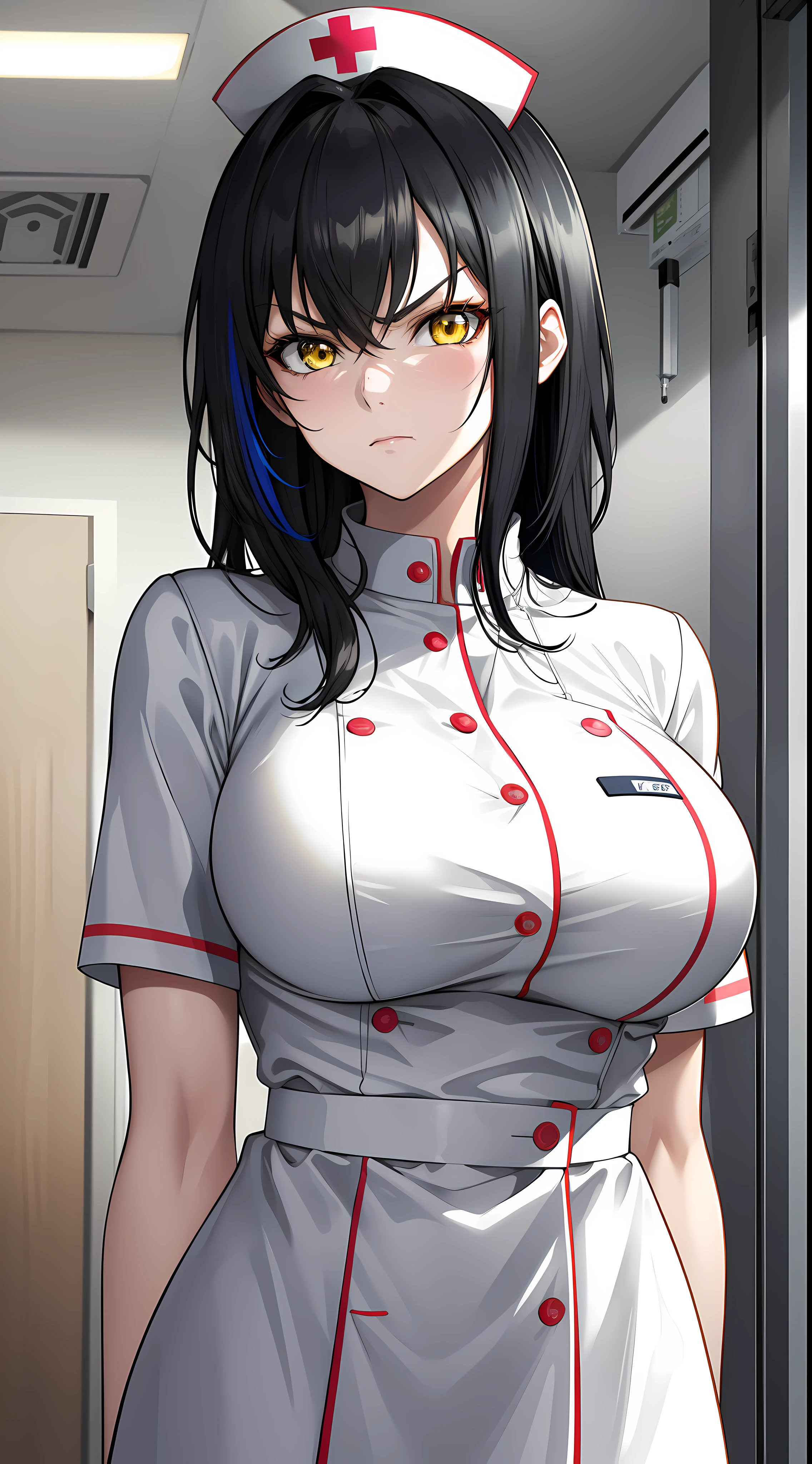 hot, sweating, sweaty, big boobs, tan skin, black hair, ponytail, flustered, nurse, docter, hot nursem nurse outfit, syringe, white nurse clothes, see thru, medical supplies, at the hospital, cleavage