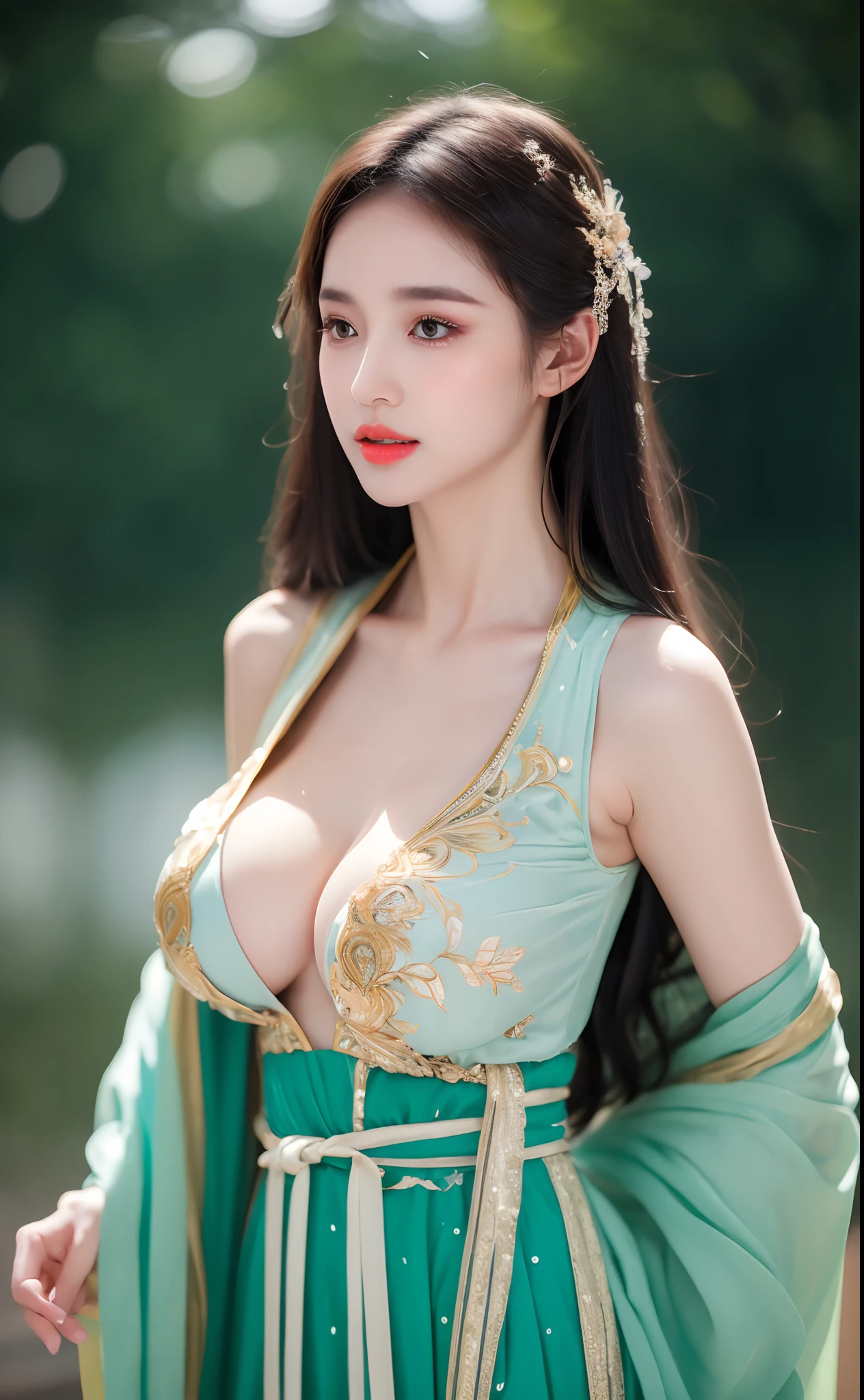 ((Best Quality, 8k, Masterpiece: 1.3)), Focus: 1.2, Perfect Body Beauty: 1.4, Buttocks: 1.2, ((Layered Haircut)), (Wet Clothes: 1.1), (Rain, Street:1.3), (Breasts: 1.2), (Hanfu: 1.2), Bare Shoulders, Bare Legs, Highly Detailed Face and Skin Texture, Fine Eyes, Double Eyelids, Whitened Skin, Long Hair, (Shut Up: 1.5), (Bokeh Background: 1.5), Big Breasts