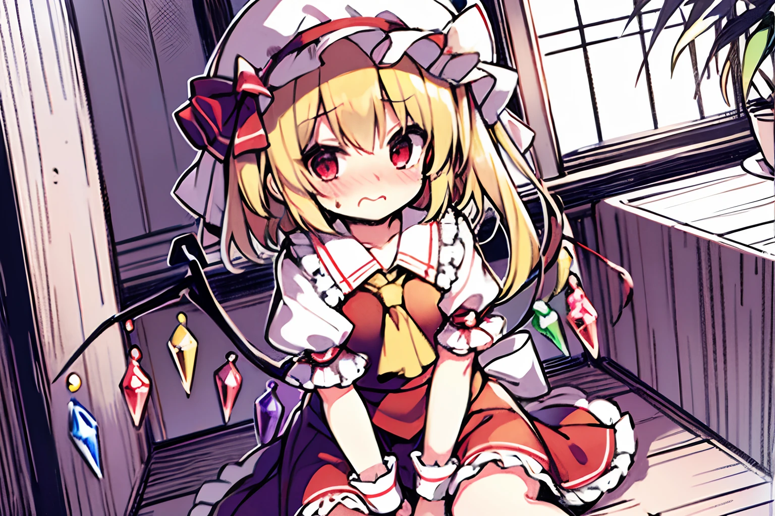 (Flandre Scarlet)、Petite、embarrassed from、blushed face、shortsleeves、One girl、