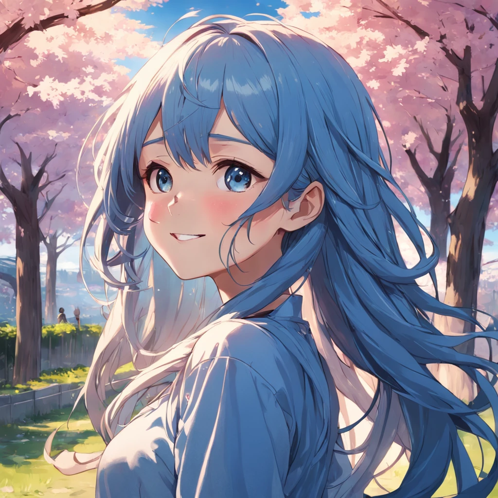 portrait, beautiful girl with long blue hair, looking forward smiling, light brown blouse, cherry trees in the background, strong sun illuminating her face from the front. ((high quality)) ((super detailed))