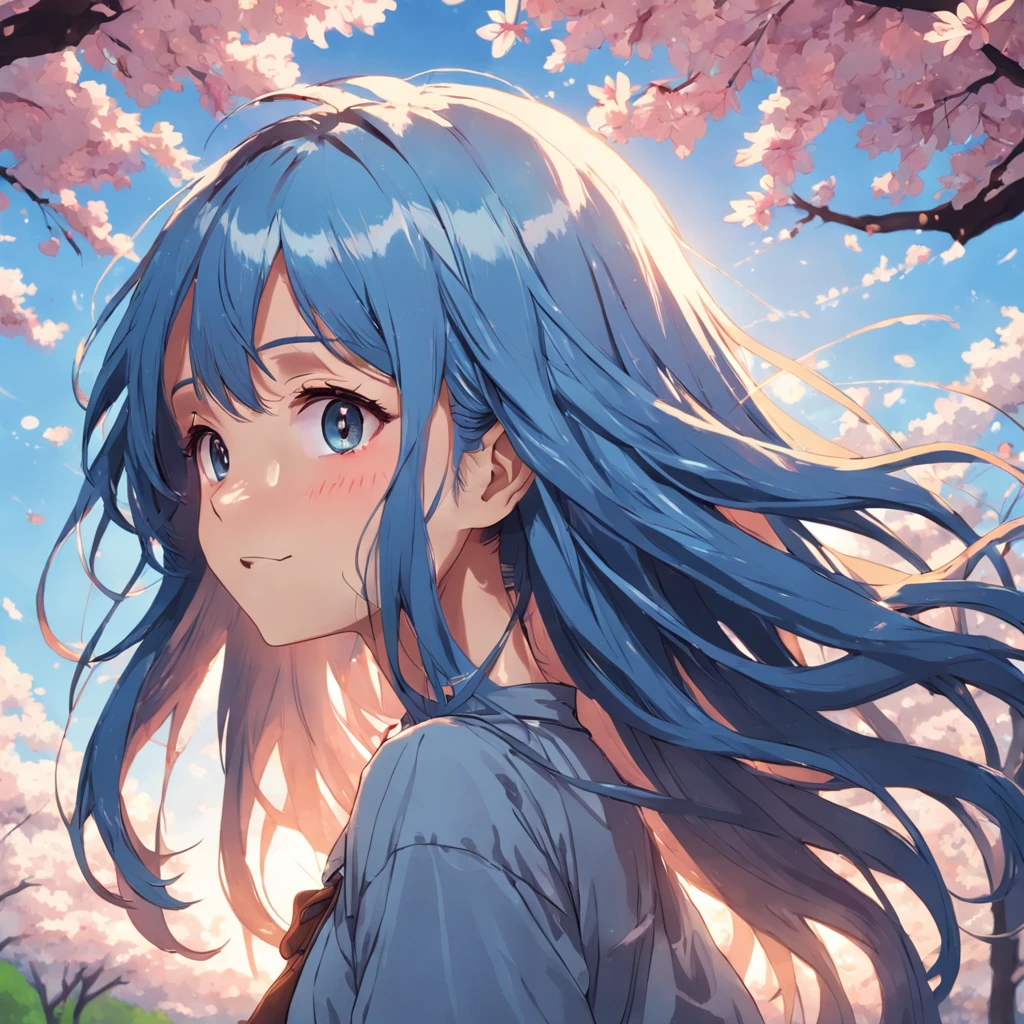 portrait, beautiful girl with long blue hair, looking forward smiling, light brown blouse, cherry trees in the background, strong sun illuminating her face from the front. ((high quality)) ((super detailed))