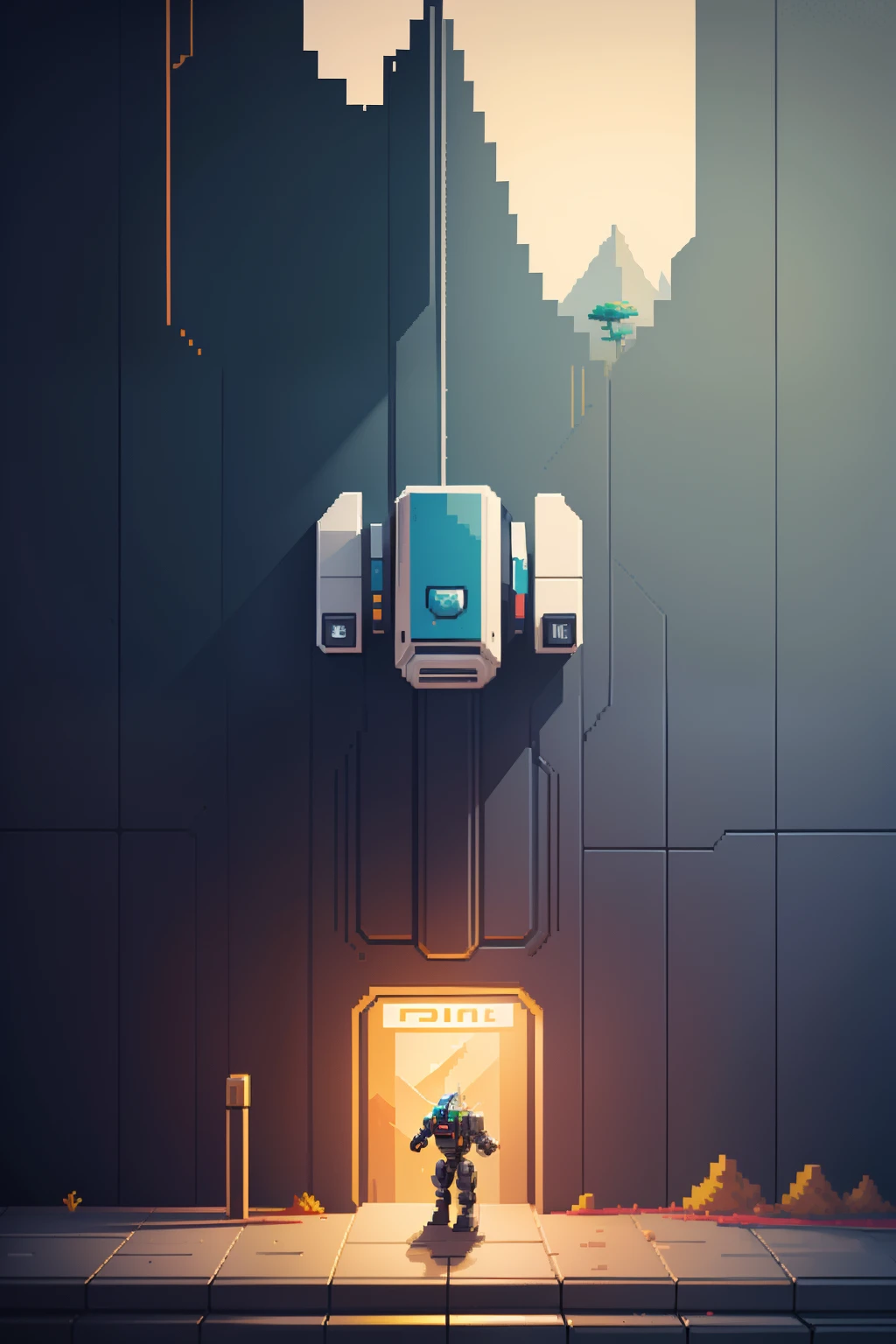 pixel art, flat design, Ultra high details. Landscape universe robot ai in front of dollar wall