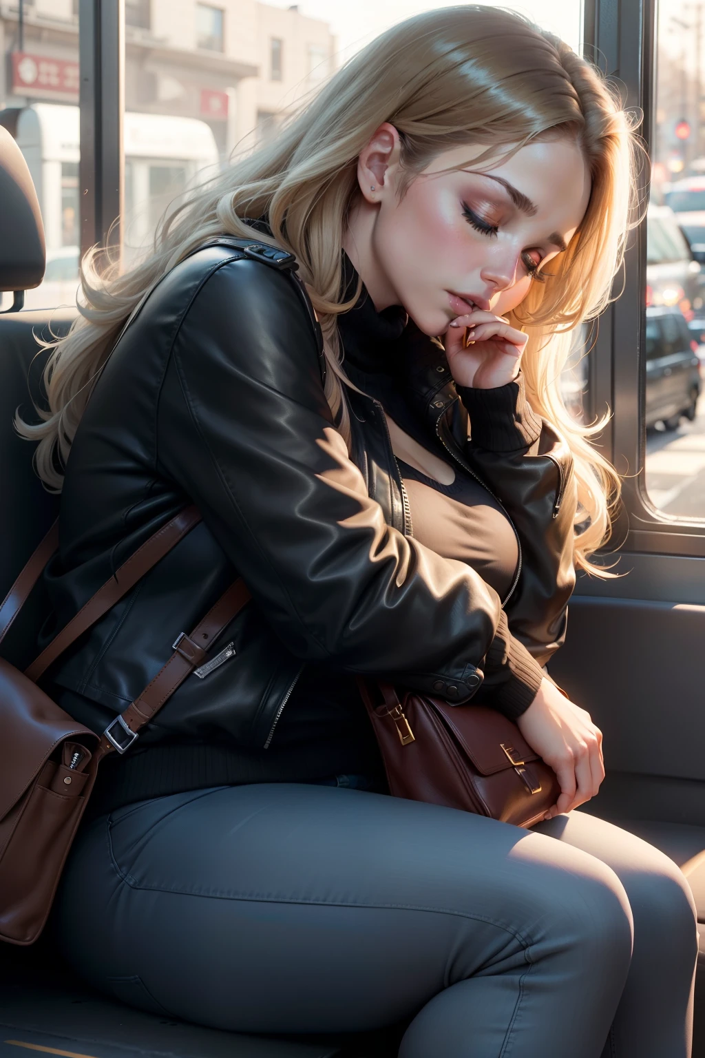 1 beautiful woman, adult, large body, dark blonde hair, outlined eyelids, made-up eyelids, sweater, jacket, leather jacket, neckline, black jeans, shoes, black bag, hugging her bag, sleeping sitting on the bus, mouth open, closed eyes.