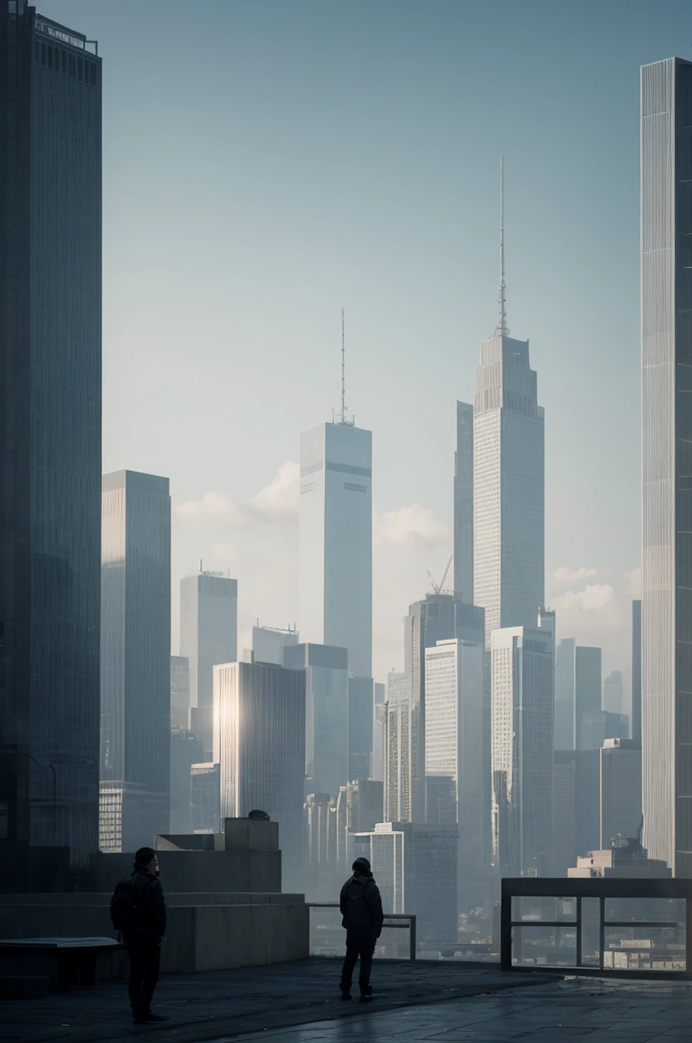 A clear sky over a cityscape with tall buildings, Stooping, negative space, Separation light, obra-prima de alta chave, realista, premiado, Volumetric light and fog, neon palette, subsurface scatter, caustic, flor, perfect exposure, perfect compositio, thirds rule, 8k, hdr10, cinemactic, breath-taking, ray tracing