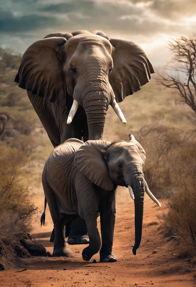 tusks,poacher,Ivory covered in blood,elephants,Photoreal,Elephants are hunted,steal,tusks,elephants,African elephant,4K
