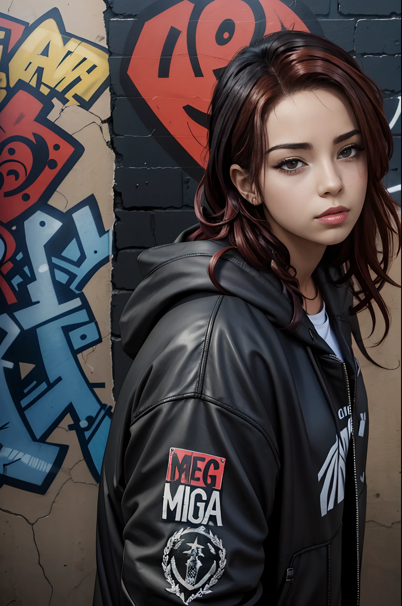 (La mejor calidad) (obra maestra ) cartoon style. A beautiful young woman with an urban look of heavy-punk-metal-rap aesthetics, she appears to be of Spanish origin and has long, somewhat curly red hair. On a street in a suburb of a big city, there is a beat-up car behind on the woman's right and a wall with strange graffiti on her left. Photoshop-fantasy