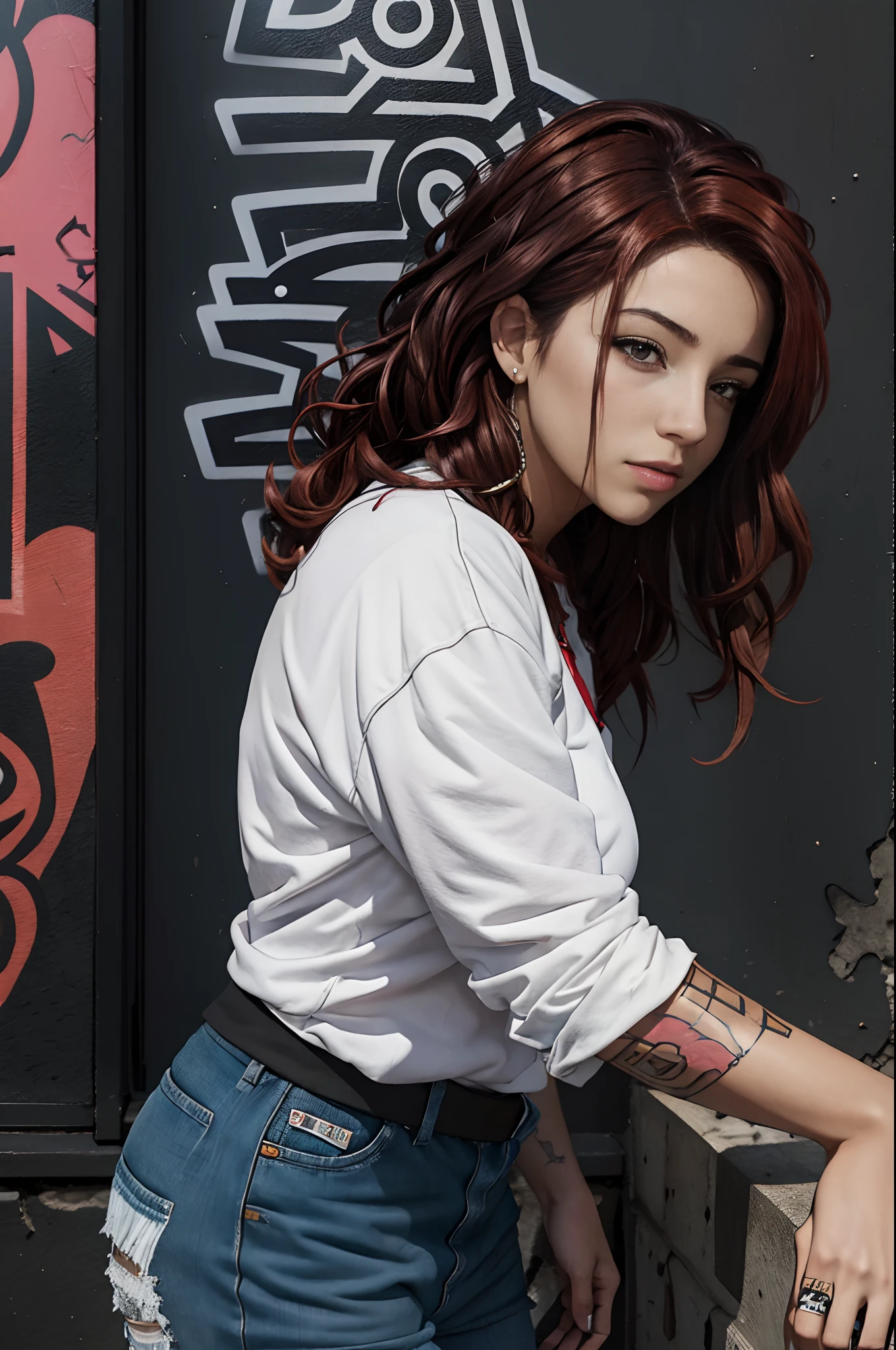 (La mejor calidad) (obra maestra ) cartoon style. A beautiful young woman with an urban look of heavy-punk-metal-rap aesthetics, she appears to be of Spanish origin and has long, somewhat curly red hair. On a street in a suburb of a big city, there is a beat-up car behind on the woman's right and a wall with strange graffiti on her left. Photoshop-fantasy