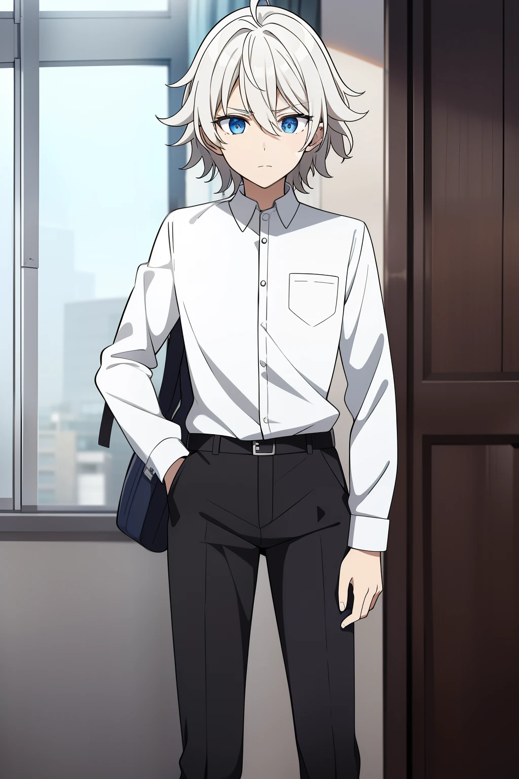 He had light bloonde Messy hair , blue eyes , He had medium build , He was wearing his school unifrom its made of a White shirt , Black pants ,black boots , he is 14 years old