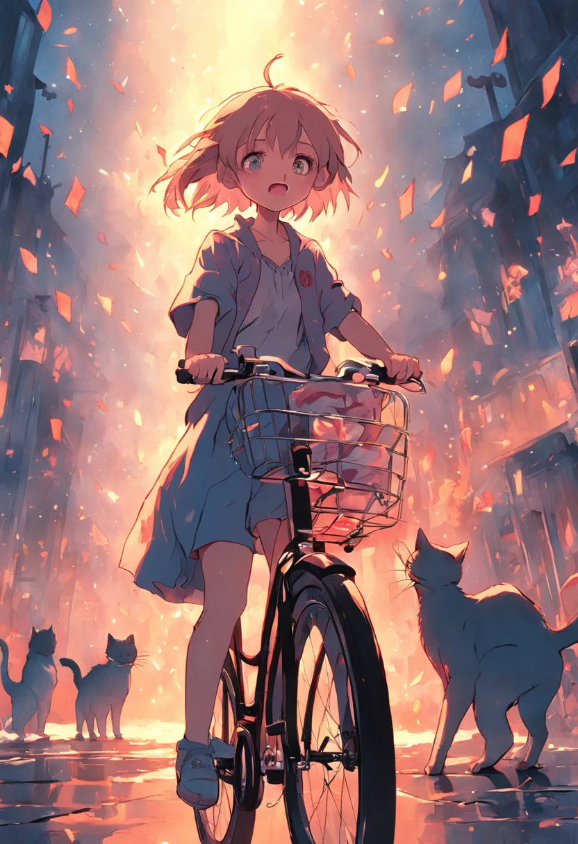 Girl on a bicycle,A happy expression,With cats