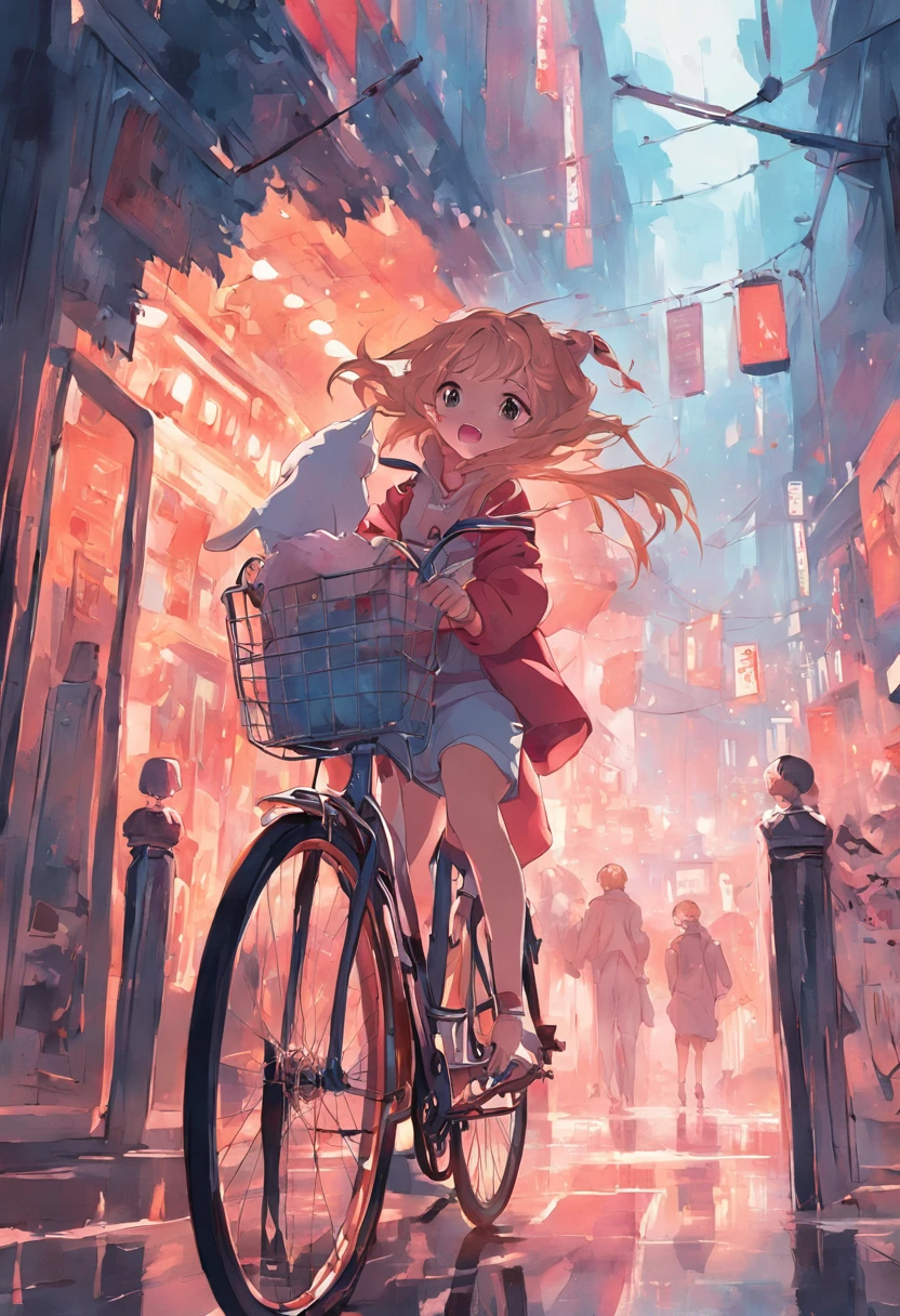 Girl on a bicycle，A happy expression，With cats