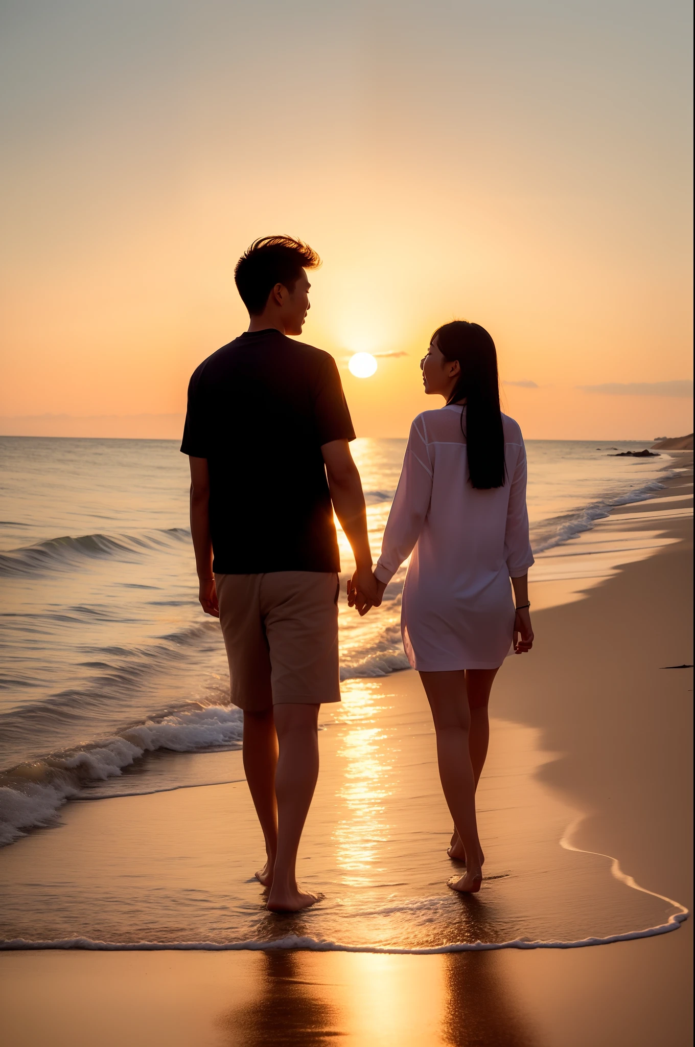 Sunset by the sea，Couple back，Girls' red dress，Boys in white