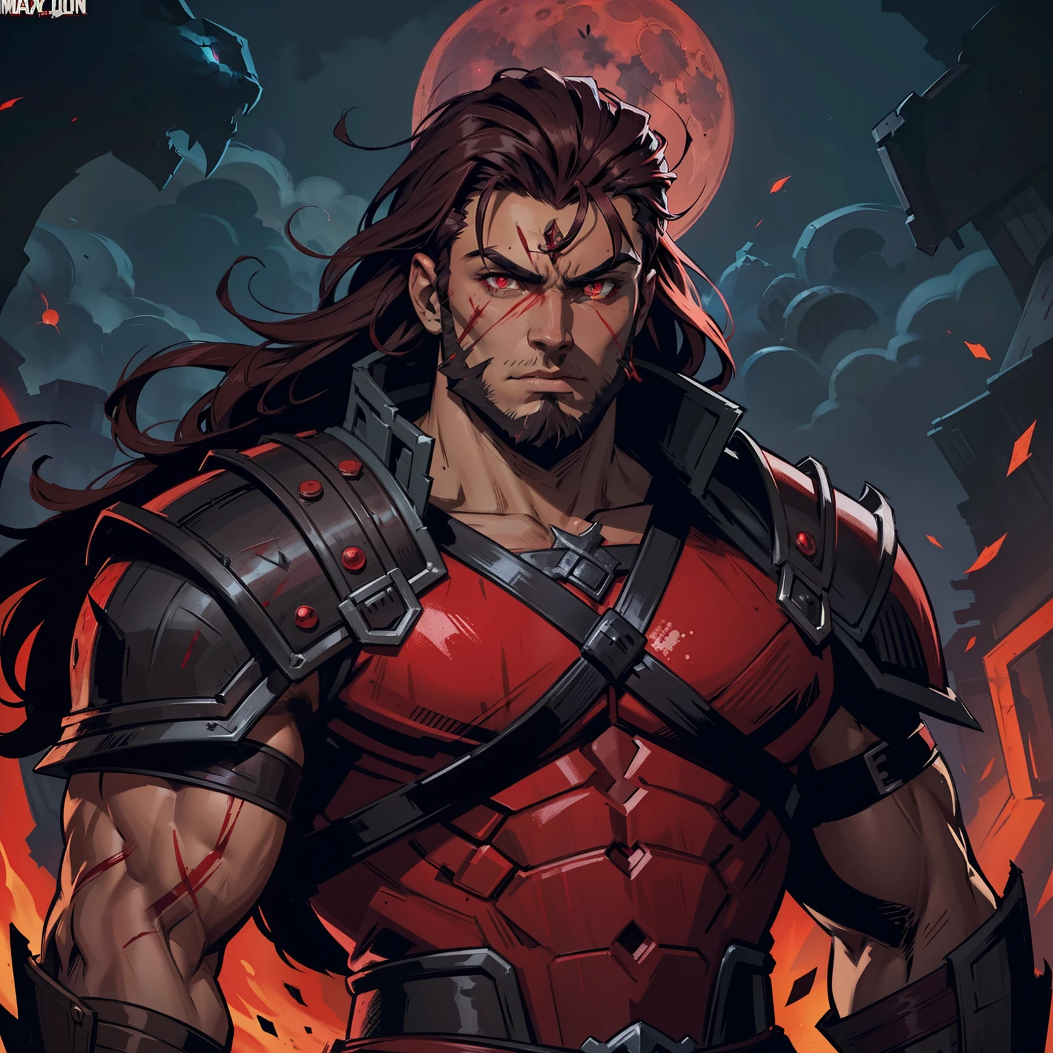 Dark night blood moon background, Darkest dungeon style, Sadurang from Marvel, hunk, wild mane, defined face, detailed eyes, short beard, glowing red eyes, dark hair, wearing heavy 'X-Force' track armor and fur collars