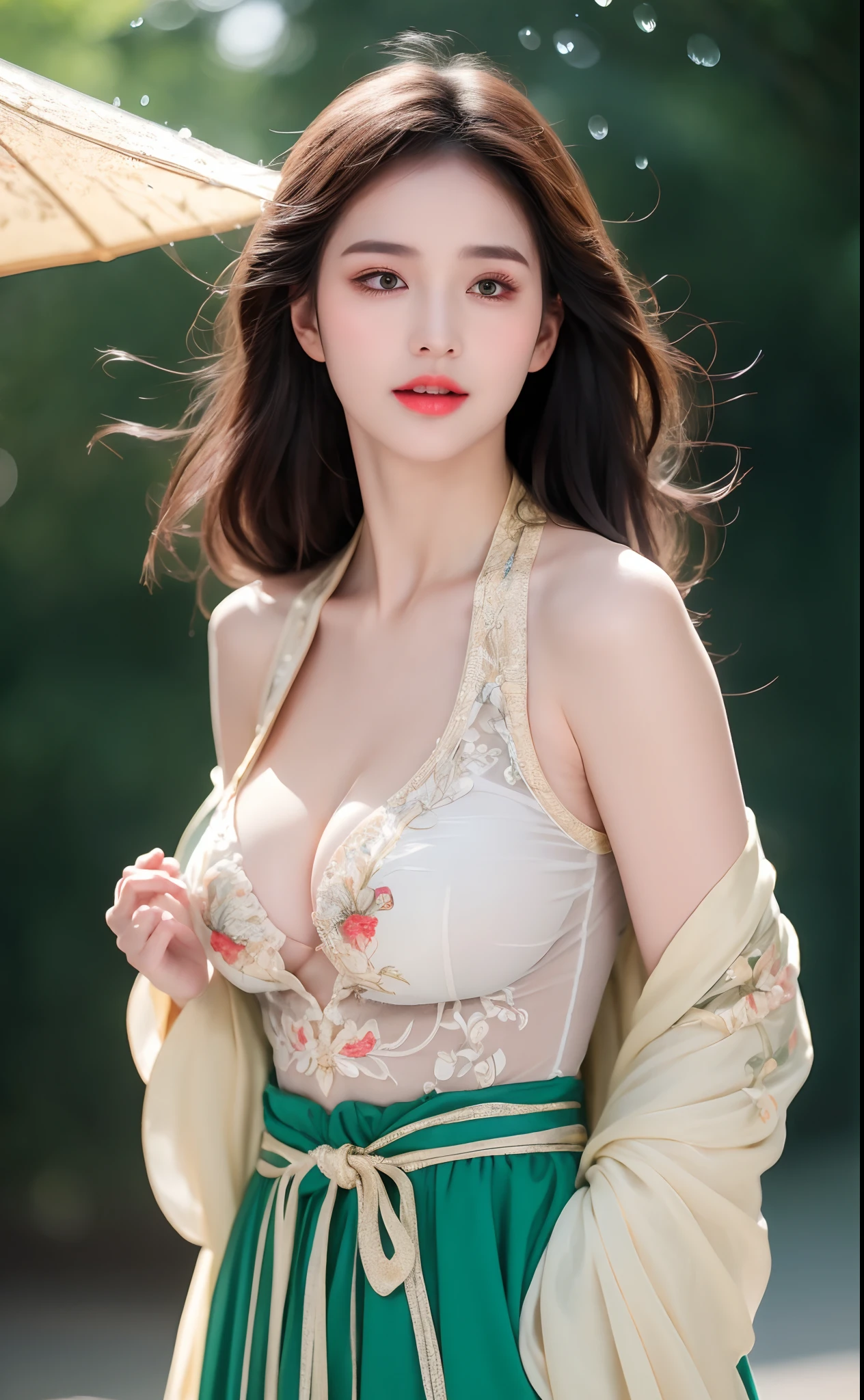 ((Best Quality, 8k, Masterpiece: 1.3)), Focus: 1.2, Perfect Body Beauty: 1.4, Buttocks: 1.2, ((Layered Haircut)), (Wet Clothes: 1.1), (Rain, Street:1.3), (Breasts: 1.2), (Hanfu: 1.2), Bare Shoulders, Bare Legs, Highly Detailed Face and Skin Texture, Fine Eyes, Double Eyelids, Whitened Skin, Long Hair, (Shut Up: 1.5), (Bokeh Background: 1.5), Big Breasts