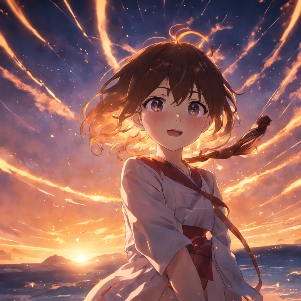 obra-prima, melhor qualidade, filme ainda, 1girl, garota nuvem, floating into the sky, close-up, brilhante, feliz, Soft lighting and Warm, sun sunset, (Sparks: 0,7), Mikasa Arckerman