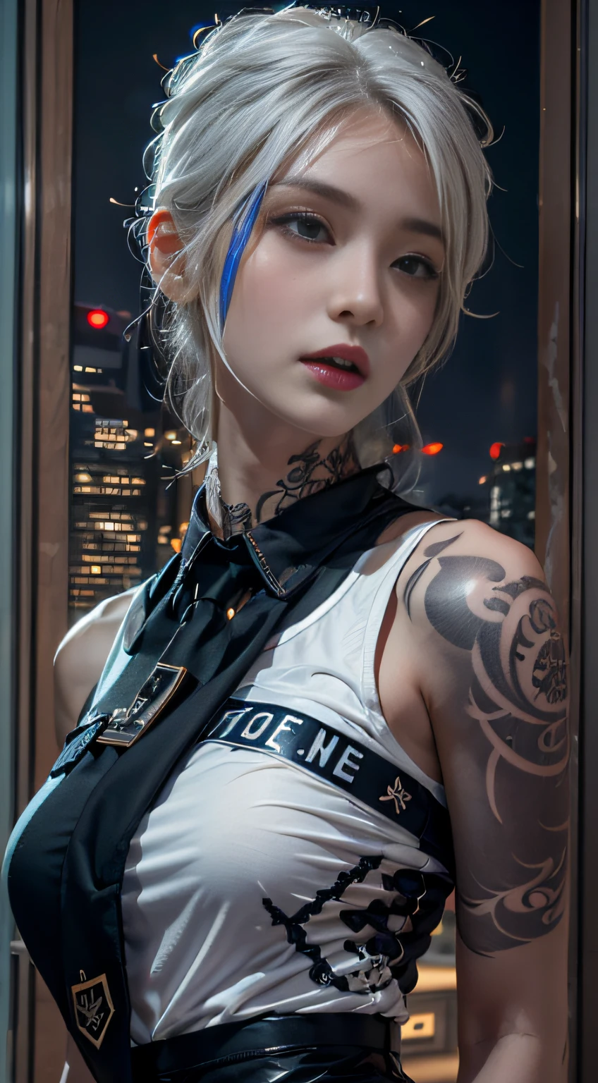 Photorealistic, high resolution, Soft light,1womanl, Solo, Hips up, (Detailed face),tattoo, jewelry, Night City, Police uniform, White hair