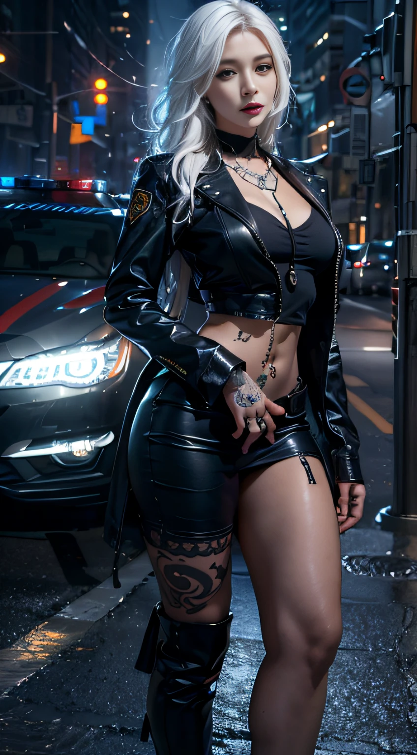 Photorealistic, high resolution, Soft light,1womanl, Solo, Hips up, (Detailed face),tattoo, jewelry, Night City, Police uniform, White hair