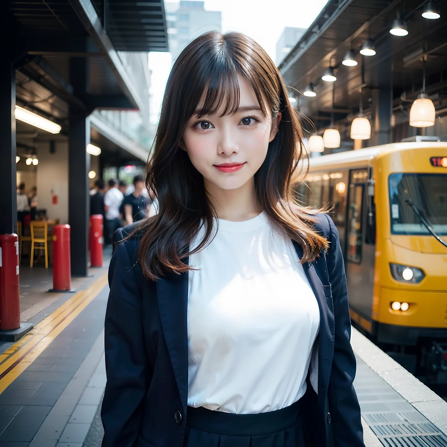 Beautiful black eyes、dual、natural skin textures:1.8, realistic eyes and face details:1.7、middlebreasts、in 8K,Best Quality:1.4, 超A high resolution:1.5, (Photorealistic:1.4),masterpiece:1.2,(top-quality:1.4)、 Raw photo、 (the background is blurred), 1日本人の女の子, Cute, FULL BODYSHOT:1.6、From the knee up、beauty legs、tight skirts、(Solo:1.4), (Shy smile), Smooth skin、 (Brown medium hair,Bangs),nogizaka,Beautiful body, Navy Business Suit,Office, Secretary, White T-shirt, ID Card Holder, ID Badge Holder,Station platform
