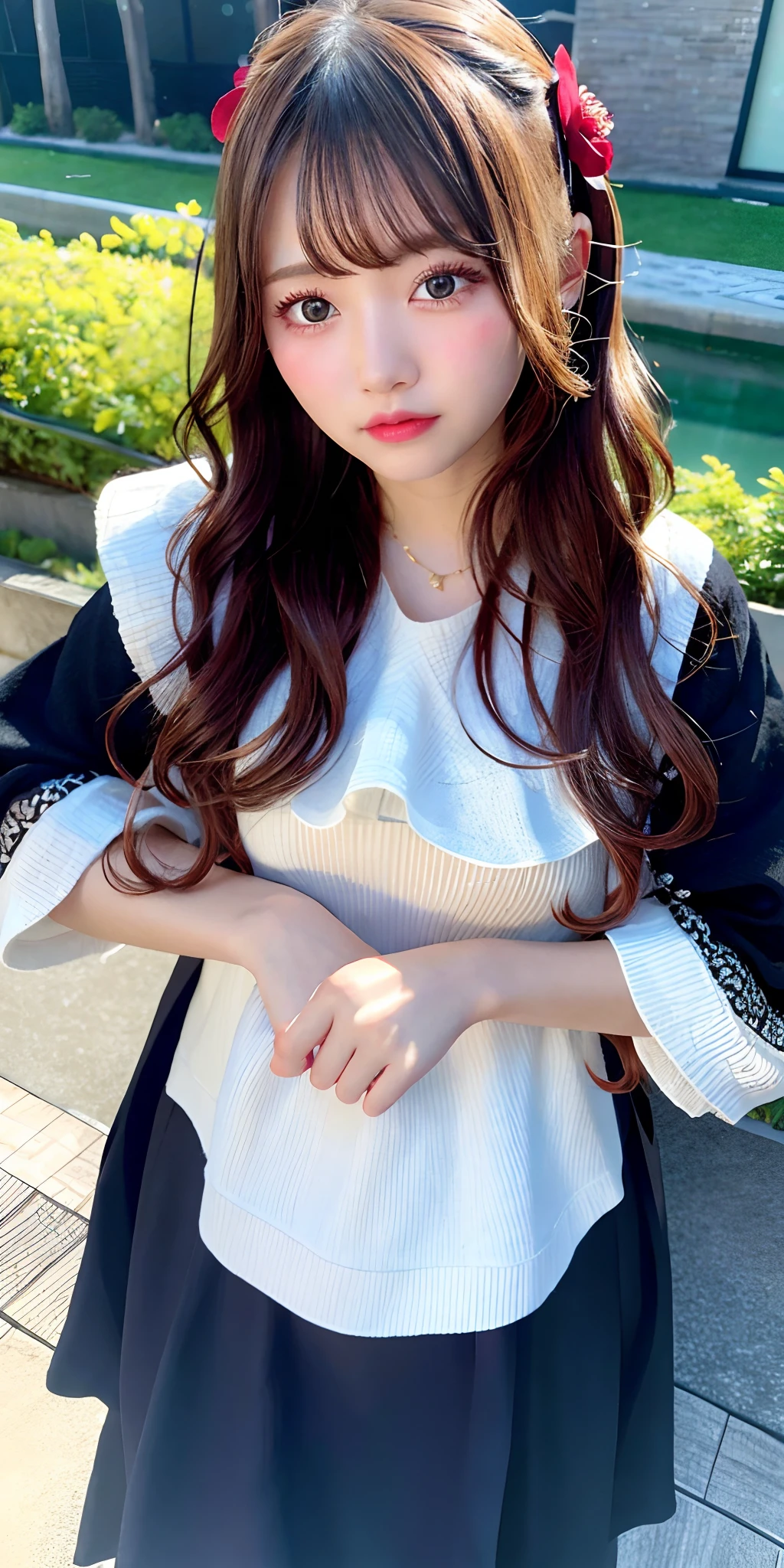 One girl walking on the river、Mix 4、Sweaters、PILLOWS、s lips、Opening Mouth、realisitic、a picture_\(Curly\)、独奏、animal stuffed、Stuffed toys、teddy bears、(masterpiece)、(Photorealsitic:1.3)、ultra-detailliert、(high detal)The skin:1.2)、(top-quality:1.0)、(超A high resolution:1.0)、(Orchan-6500:0.3)、Wavy detailed hair、length hair、rays of sunshine、(Beautiful detailed makeup)、(sexual excitement、red blush、Rough breathing:1.0) )、Studded flower themed petals、(soft glow bloom:0.5)、Raw photo