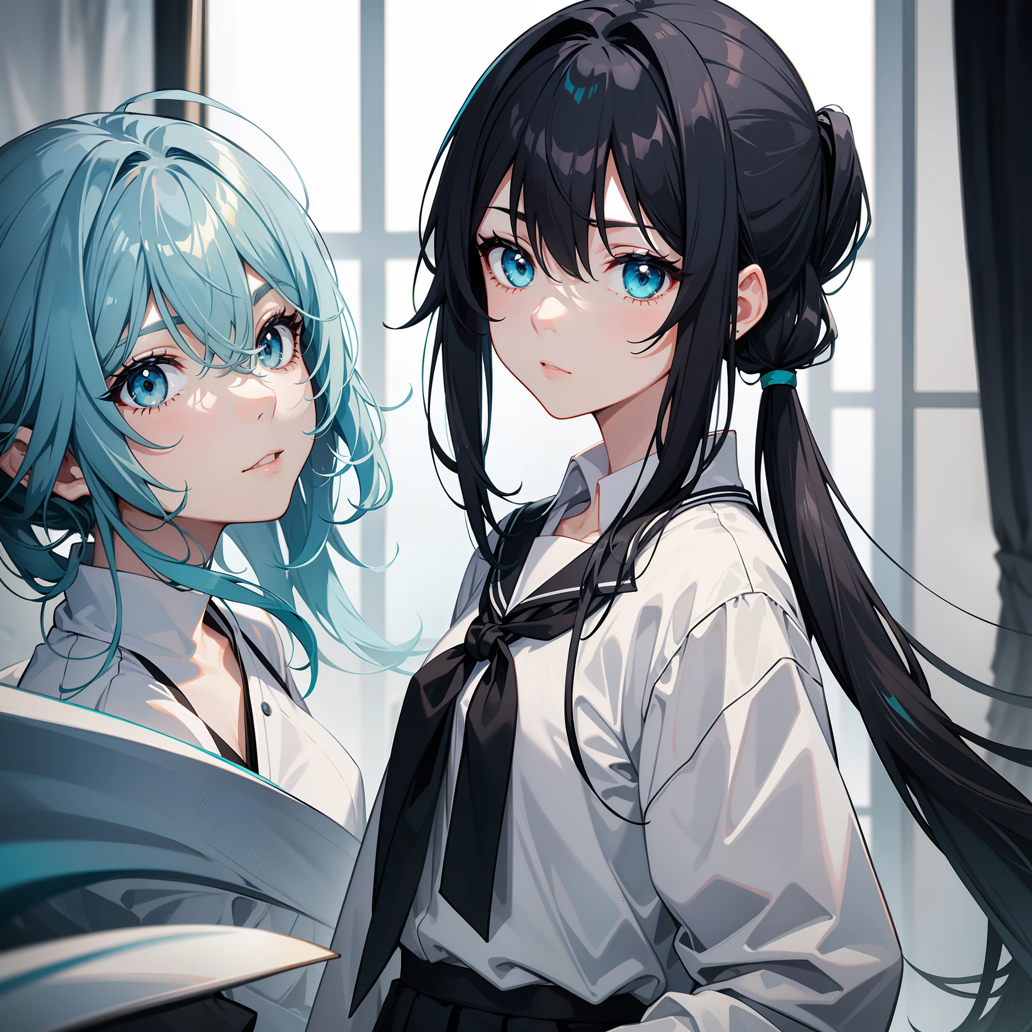 Long black-gray-blue hair，Turquoise eyes，Short ponytail，The hair is somewhat messy，dark circles，Lazy look，Wearing a pale yellow school uniform