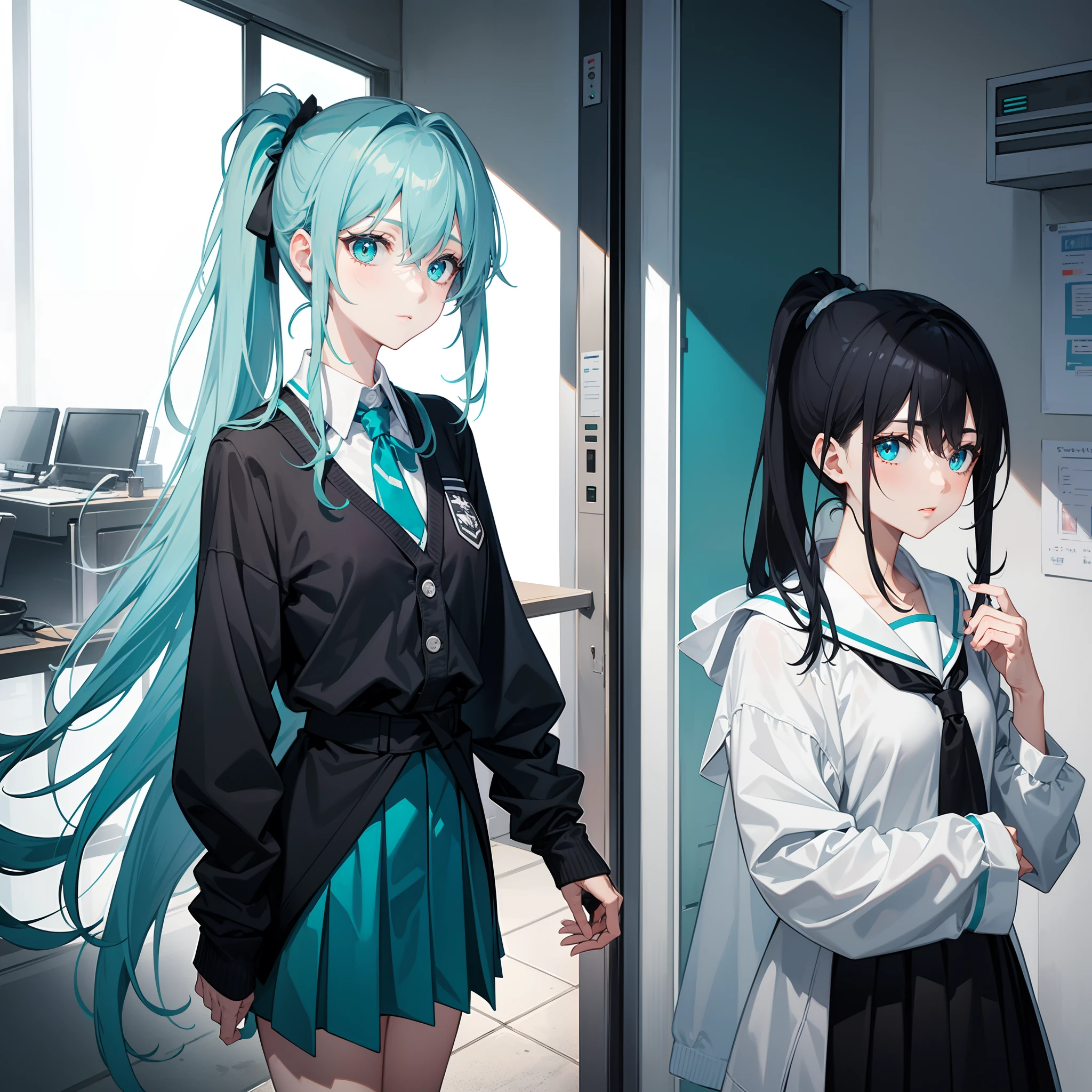 Long black-gray-blue hair,Turquoise eyes,Short ponytail,The hair is somewhat messy,dark circles,Lazy look,Wearing a pale yellow school uniform