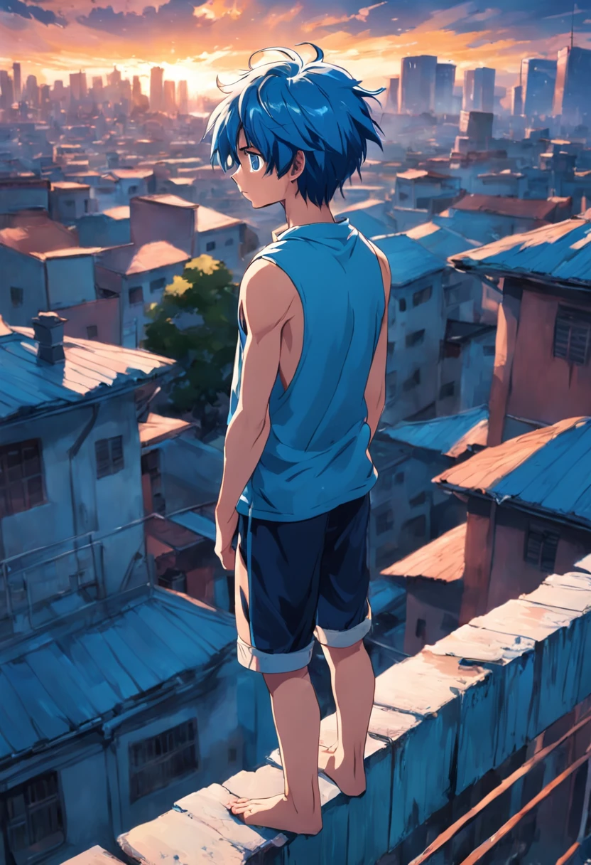 From behind we see a -yeld boLong blue hair from splendid to the camera standing Shirtless 15-year-o books a city fence from the top of the school roof Sadly pensive, su cabello es de color azul, lo vemos desde la espalda