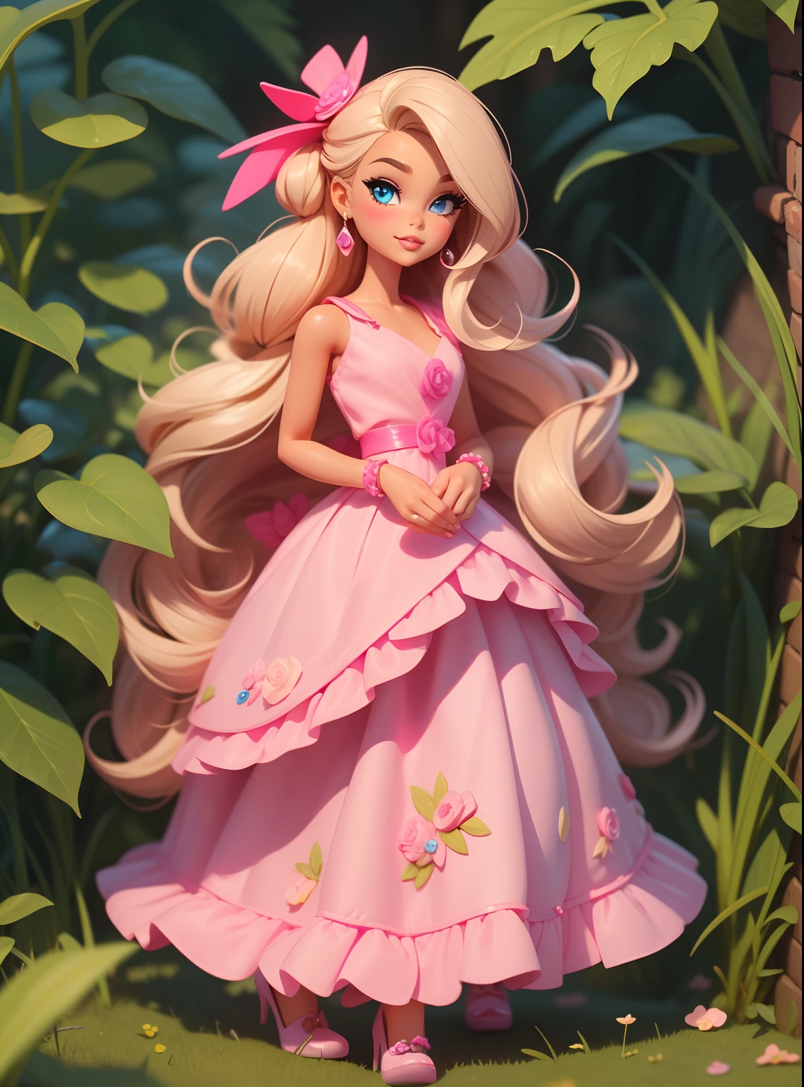  loira fofa, Estilo barbie. vestido rosa, cenario de doces, cabelo comprido