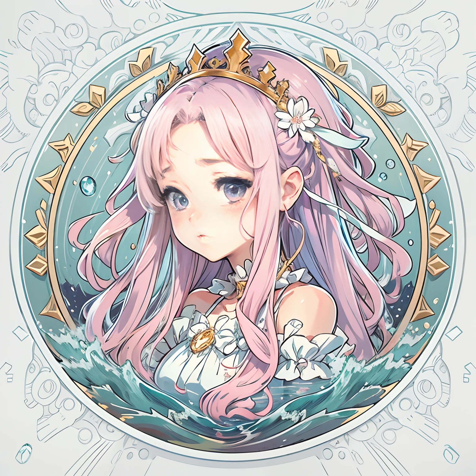 Sticker, Cute anime girl head, Long pink hair,Light blue purple eyes,pouty,White dress,White princess dress,It is surrounded by water elements,in circle, White background, Gold border,Simple, Ultra detailed, Detailed drawing, vectorised, Silhouette, 8K, professional sticker design, Flat design, Vector lines, Sticker, Drawing, Drawing, Full-HD