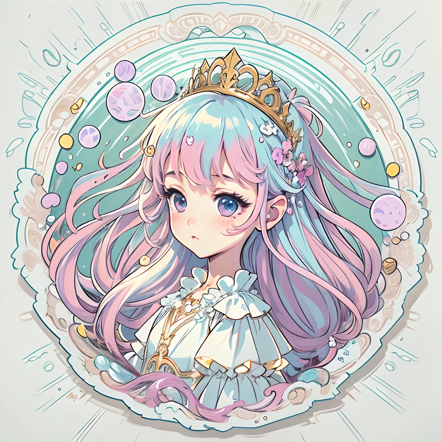 Sticker, Cute anime girl head, Long pink hair,Light blue purple eyes，pouty，White dress，White princess dress，It is surrounded by water elements，in circle, White background, Gold border，Simple, Ultra detailed, Detailed drawing, vectorised, Silhouette, 8K, professional sticker design, Flat design, Vector lines, Sticker, Drawing, Drawing, Full-HD