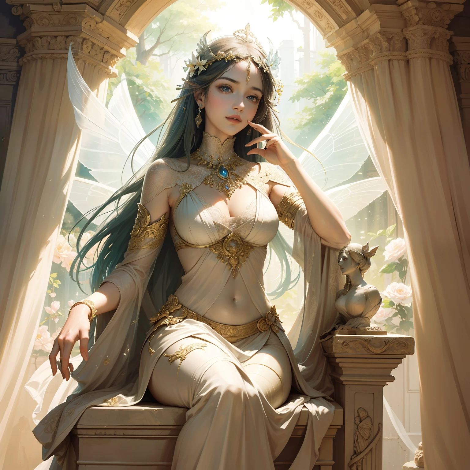 classical aesthetics,Beautiful and meticulous portrayal,High-definition detail,Half-length statue of an ancient beauty,The posture is natural,The details stand out,Flowers, vines, butterflys,lovely lips,Revel in the eyes, Smooth hair,Beautiful face,Ink painting effect,Natural light