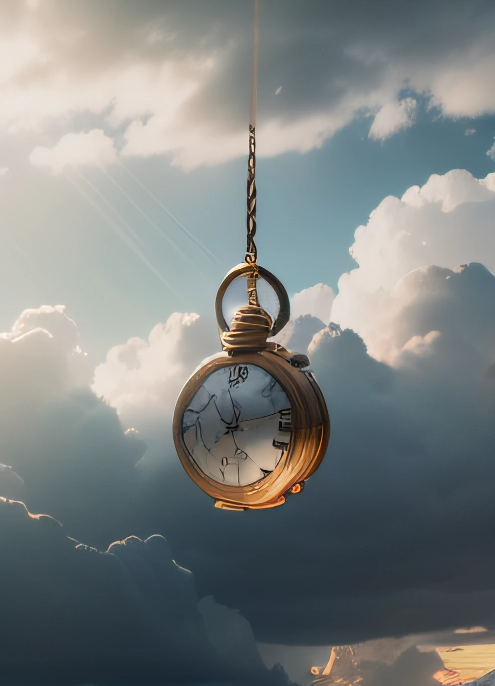 Make a small pocket watch being tossed in the middle of the dark and stormy clouds
