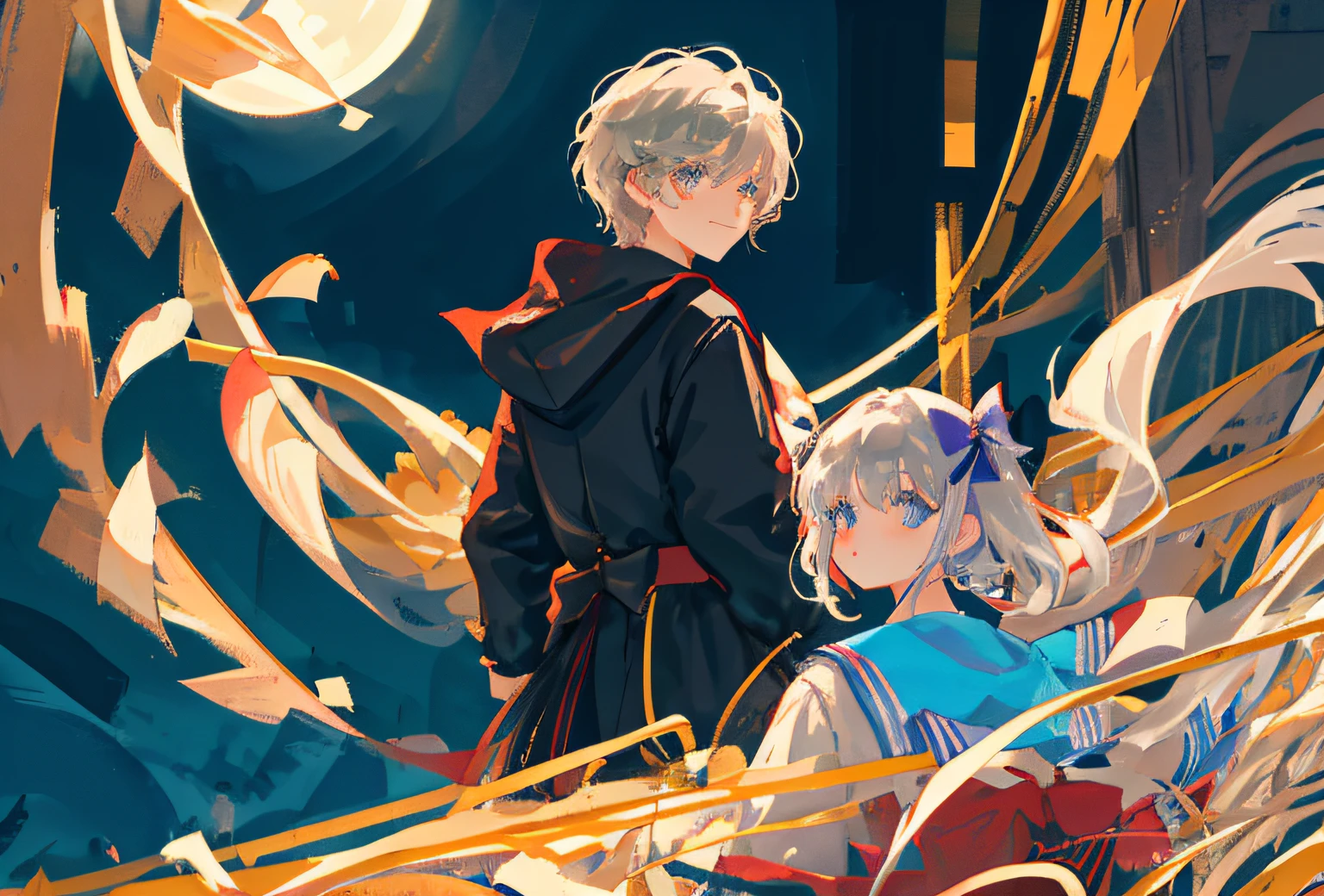 Double one boy and one little girl,Boy handsome student,The little girl is noble and beautiful,Back-to-back,The boy bows his head and the little girl looks down and smiles,The pupils of the little girl's eyes are silver starry and strong,The huge moon behind the two rushed out of the sea,head portrait