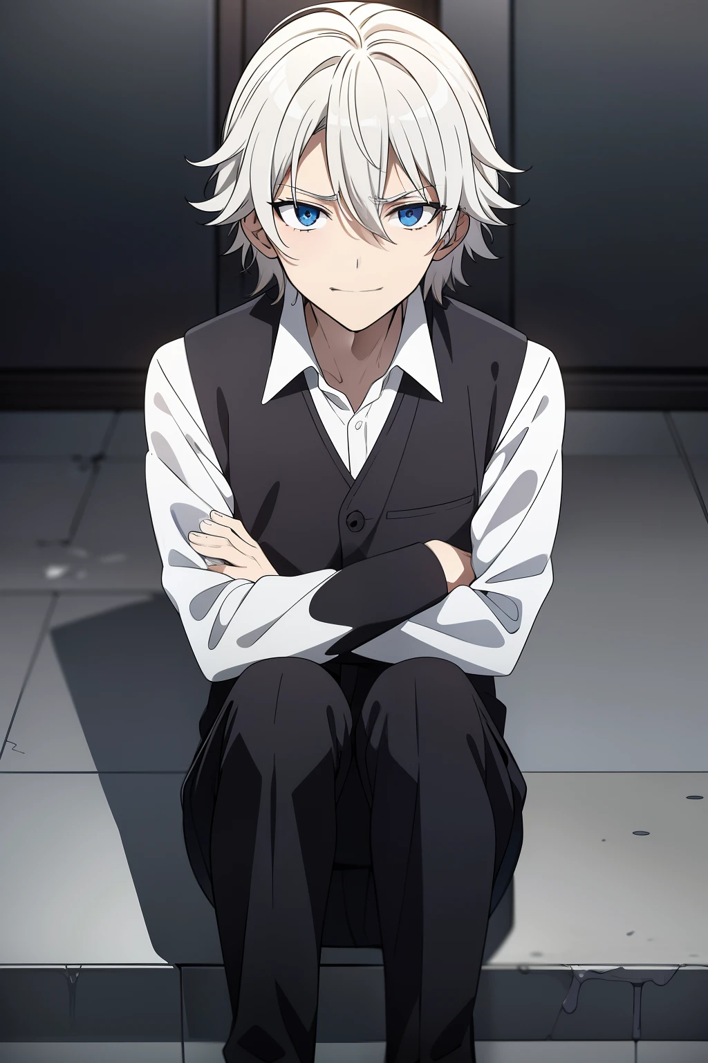 He had light bloonde Messy hair , blue eyes , He had medium build , He was wearing his school unifrom its made of a White shirt , Black pants ,black boots , he is 14 years old , he was stading while smirking as his arms where crossed