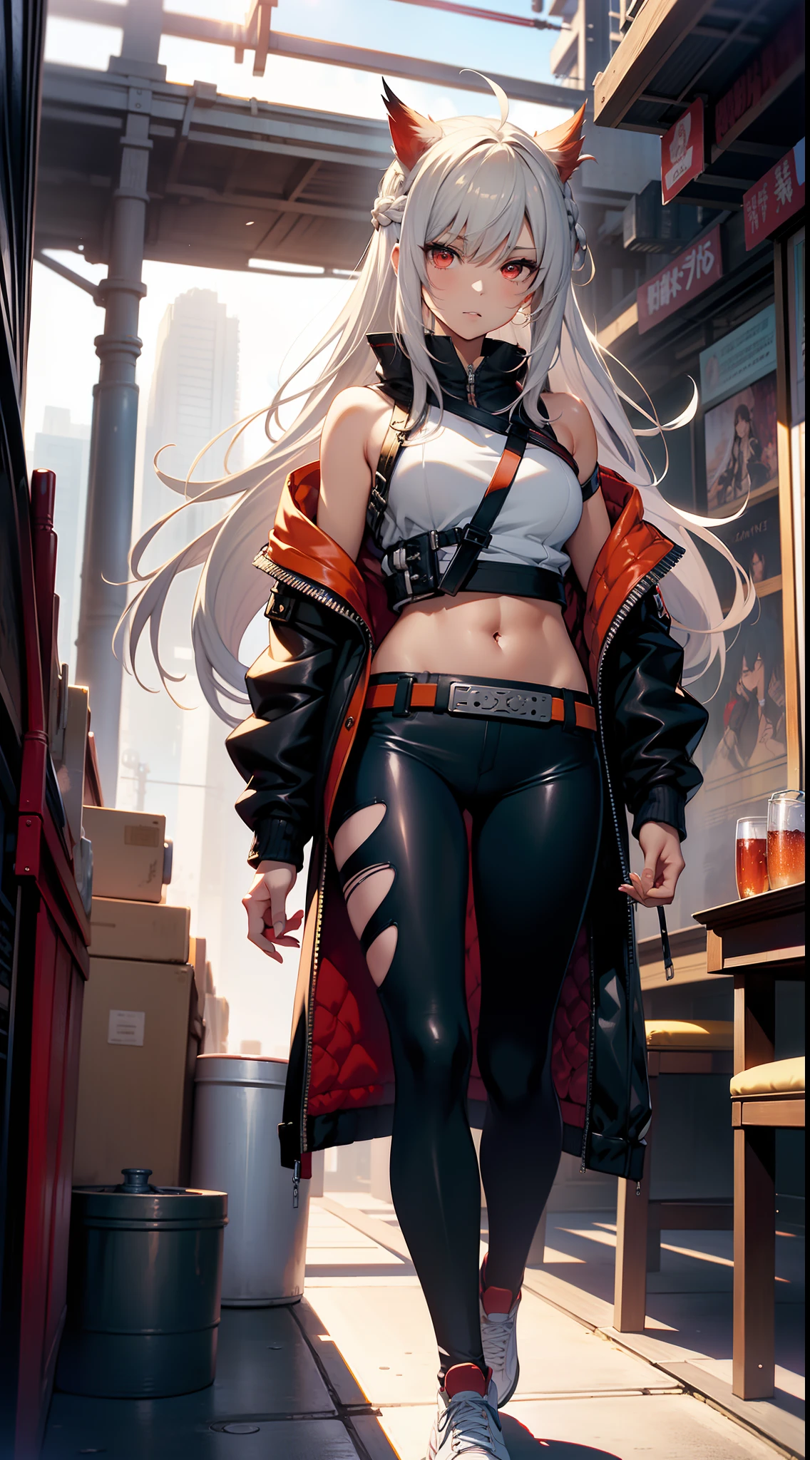 masterpiece,(bestquality),highlydetailed,ultra-detailed,cold,solo,1girl,bishoujo,stare,red eyes,beautiful detailed eyes,long hair,white hair,silver hair,Wing-like bangs,Dull hair,ahoge,Hair rings,braid,cap,Bandeau,Jacket jacket,revealing her belly,obi strip,tight leather pants,Pants in two colors,athletic sneakers,Drink drinks,looking-down,look up at the camera,anime cover, beautiful fantasy anime, detailed anime art, detailed anime artwork, cushart krenz key art feminine, onmyoji detailed art