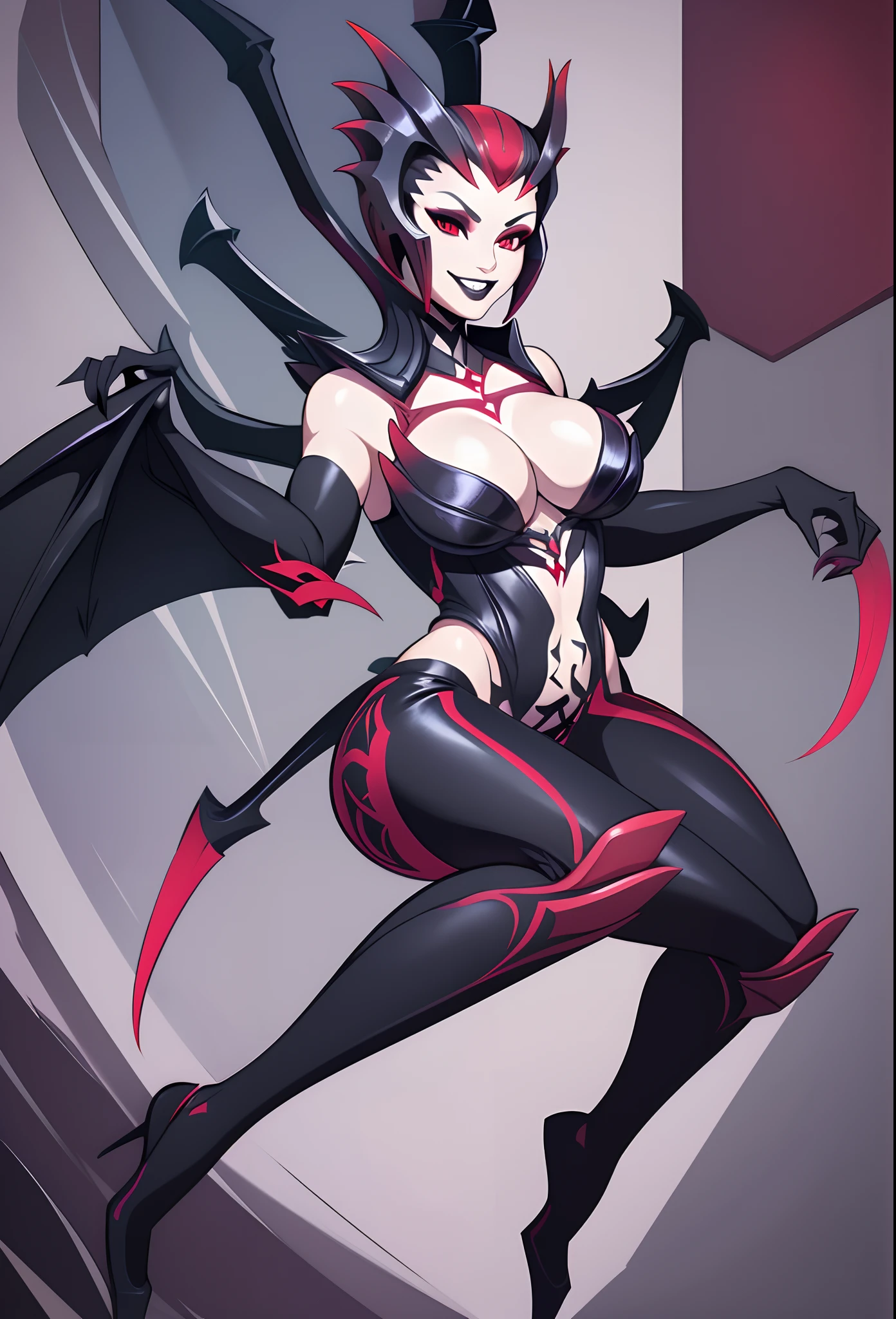 masterpiece, best quality, 1girl, elise, spidergirl, red eyes, large breasts, cleavage, black lips, makeup, eyeshadow, black eyeliner, smile, monster girl, full body, smile, possing, levitating,feets, wings , flying