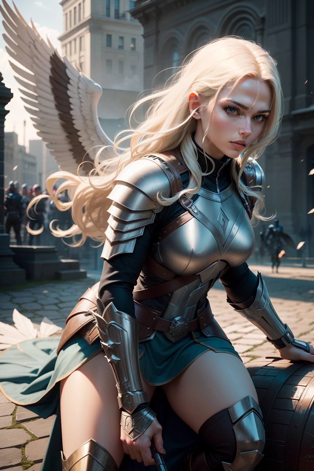New York, Square of Time, Valkyrie, also known as Brunnhilde, is a character from Marvel Comics. She is an Asgardian warrior and a member of the Valkyries, a group of godlike warriors tasked with escorting the souls of fallen warriors to Valhalla. Valkyrie is skilled in hand-to-hand combat, wielding a sword and riding a majestic winged horse called Pegasus. She possesses superhuman strength, stamina, and longevity due to her Asgardian heritage. Additionally, Valkyrie is notable for her leadership, determination, and loyalty to her fellow Asgardians and the Avengers. Her presence brings a touch of mysticism and heroism to the mythology of the Marvel Universe. (best quality: 1.0), (Ultra Highres: 1.0), highly detailed face and eyes, (photorealistic: 1.2)