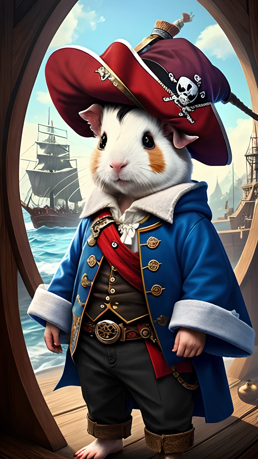 Top image quality、"Create cute creature masterpieces with inspired ultra-detailed concept art. Bring your imagination to life", （guinea pig）, high detal, 8K、Top image quality、Dress up as a pirate, Red and blue pirate costumes,