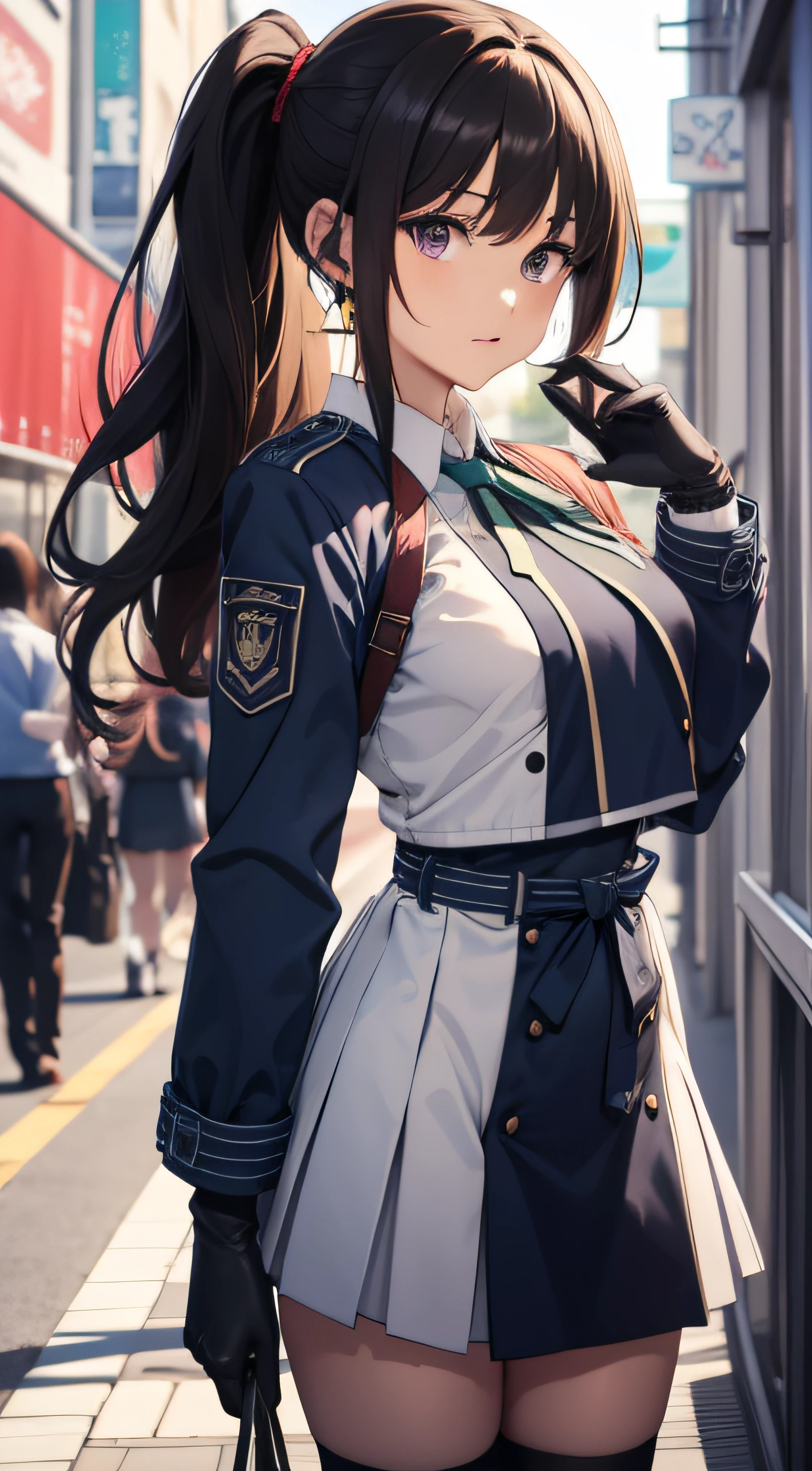 (masterpiece, best quality, highres, UHD, perfect pixel), inoue takina, long hair, bangs, ponytail, black hair, (purple eyes:1.2), big breasts, shirt, long sleeves, dress, ribbon, school uniform, white shirt, collared shirt, belt, neck ribbon, blue dress, green ribbon, pleated dress, grey dress, two-tone dress, blue belt, lycoris uniform, crop top, white socks, buruma, sports bra, sportswear, wristwatch, sports bikini, gloves, long sleeves, jacket, necktie, black gloves, collared shirt, belt, pants, vest, black jacket, black pants, formal, suit, red necktie, headset, black suit, earpiece, japanese clothes, kimono, apron, waist apron, blue kimono, waitress,