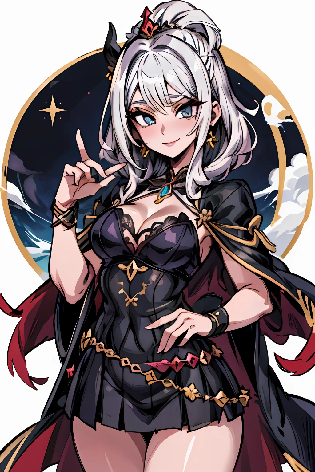 1girl, seios, Luvas, Japemêsa_Clothes, jewelries, cotovelo_Luvas, corar, hand_em_quadril, colar, caixa de correio, Manchado_Glass, fita, Olhando_em_visualizador, somente_Ombros, armadura, bicho_orelha_fluff, anime_Colorir, Brincos, sem dedos_Luvas, superior_sorriso corporal,