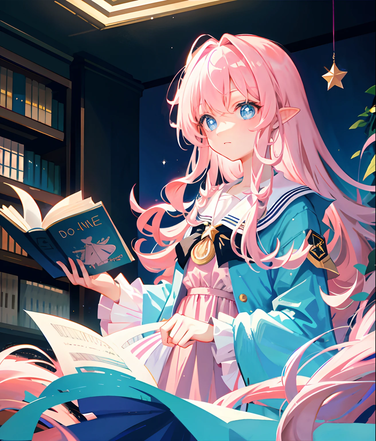 Long light pink slightly curly hair, bright light blue eyes, Star-like pupils, Library Reading College style attire