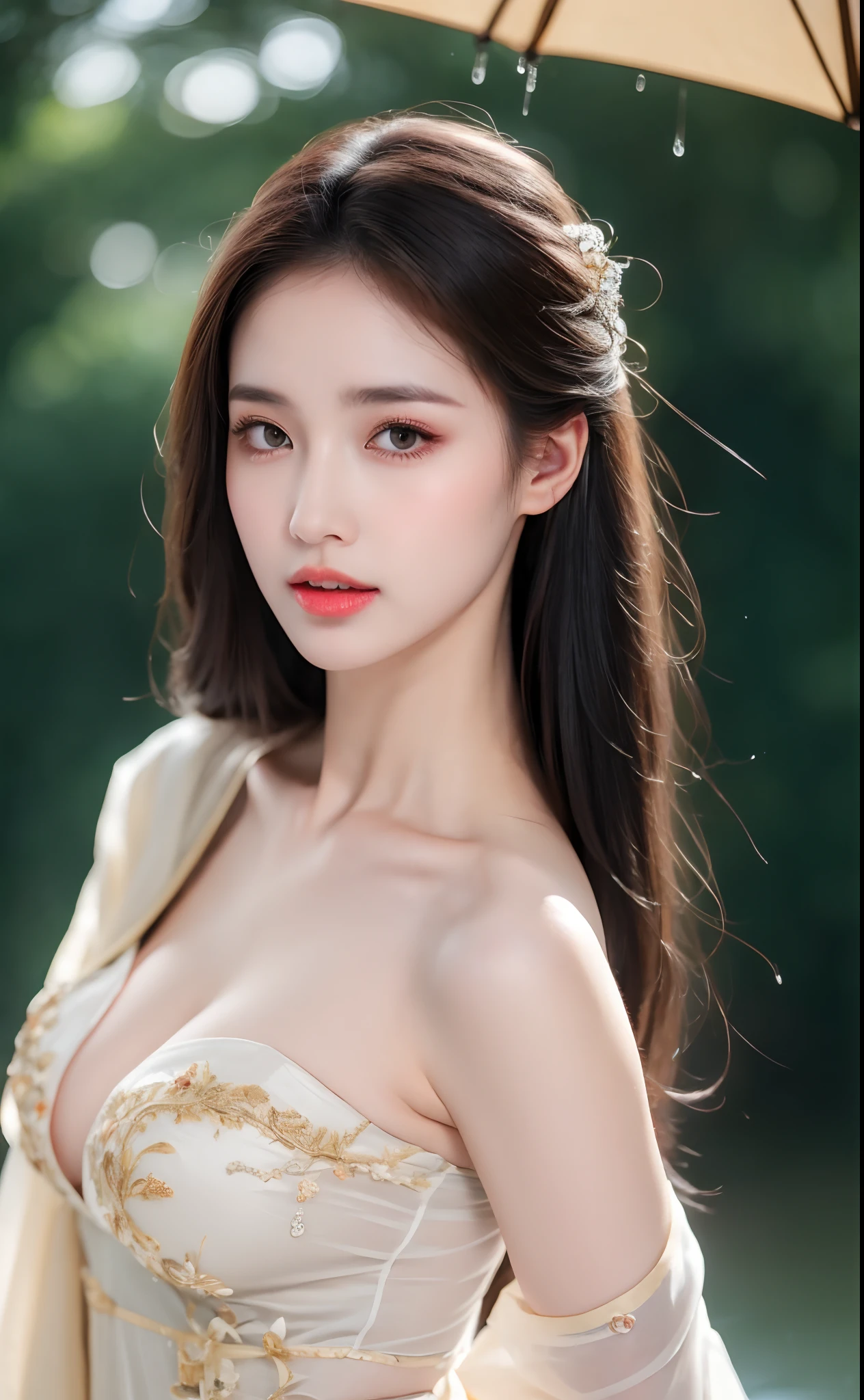 ((Best Quality, 8k, Masterpiece: 1.3)), Focus: 1.2, Perfect Body Beauty: 1.4, Buttocks: 1.2, ((Layered Haircut)), (Wet Clothes: 1.1), (Rain, Street:1.3), (Breasts: 1.2), (Hanfu: 1.2), Bare Shoulders, Bare Legs, Highly Detailed Face and Skin Texture, Fine Eyes, Double Eyelids, Whitened Skin, Long Hair, (Shut Up: 1.5), (Bokeh Background: 1.5), Big Breasts