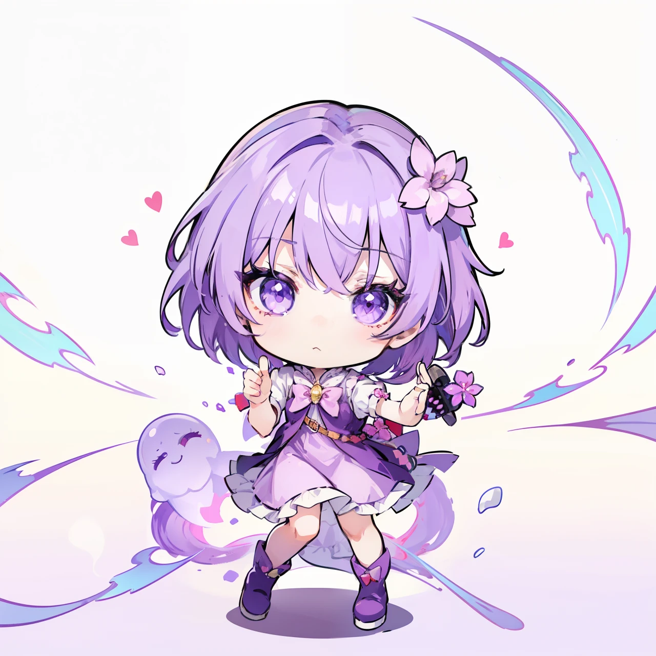 masterpiece, amber color eyes, simple boots, white bowtie, short hair, happy, playful, anime girl in a purple dress and boots with a bow, touhou character, anime moe artstyle, single character full body, anime style character, anime character, lilac hair, pink flower hairpin, white bow, white undershirt, purple vest, belt, full body single character, as an anime character, light lilac pants, full body character, loli in dress, loli, full body, dynamic pose, short, child, young girl, winking, dark purple dress, ghastly ???, ghost elemental swirling background