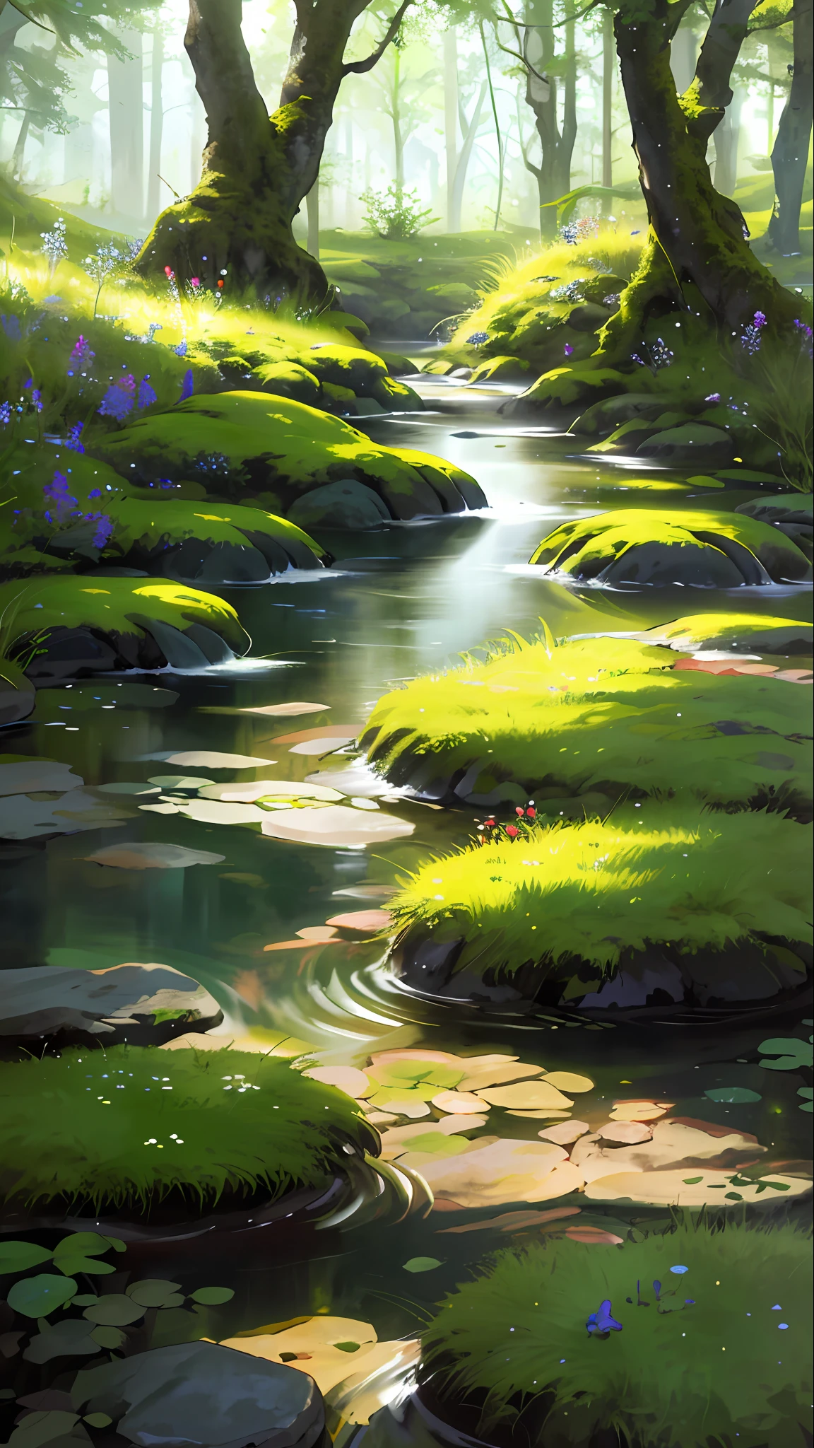 (best quality)), (no photos of people), in the forest, frogs, quiet ponds, a lot of wildflowers, streams, stones, mosses,