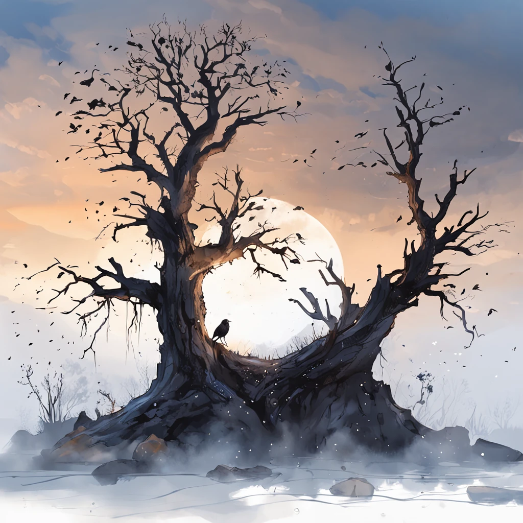 Two crows on a dead tree, A shadow shaped like a walker, Starry night, Thick fog on the ground, Blue light on the horizon, Unreal Engine 5, Cinematic, low angle photography, Motion blur, Depth of field, Dust, Cobblestones and dirt. Splash Art, dripping paint. Perfect color grading. Influenced by Karel Appel and Jeremy Mann, Full of dramatic and threatening scenes, Hyper-detailed, Beautiful, insanely details, Intricate details, editorial photography, shot with a 50mm lens, Depth of field, Tilt Blur, Shutter speed 1/1000, f/22. Lightmaps, Super bright